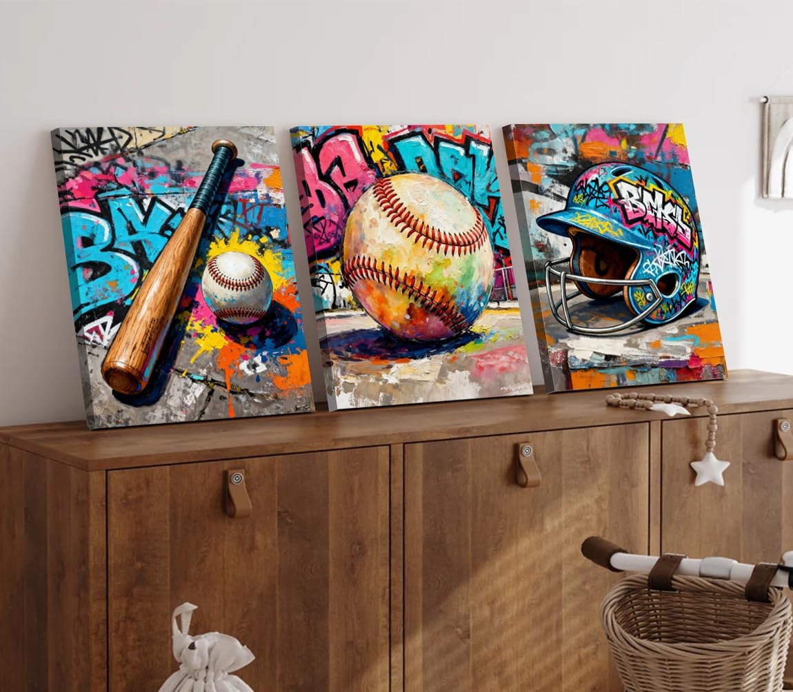 Baseball Graffiti Wall Art Framed Canvas Prints,Colorful Baseball Sports Graffiti Art Posters,Cool Sport Equipment Decor,Modern Inspirational Poster for Home/Gym/Man Cave Set of 3 (12"x16")