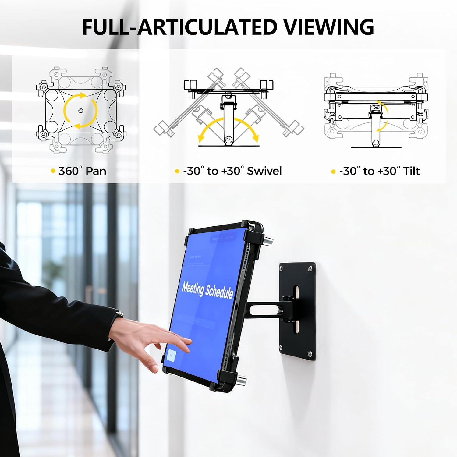 360° Rotating Anti-Theft Tablet Wall Mount, Heavy-Duty Aluminum Holder with Lock for 9.7-13 Inch Tablets, Fixed Height Design for Retail & Office (Black)