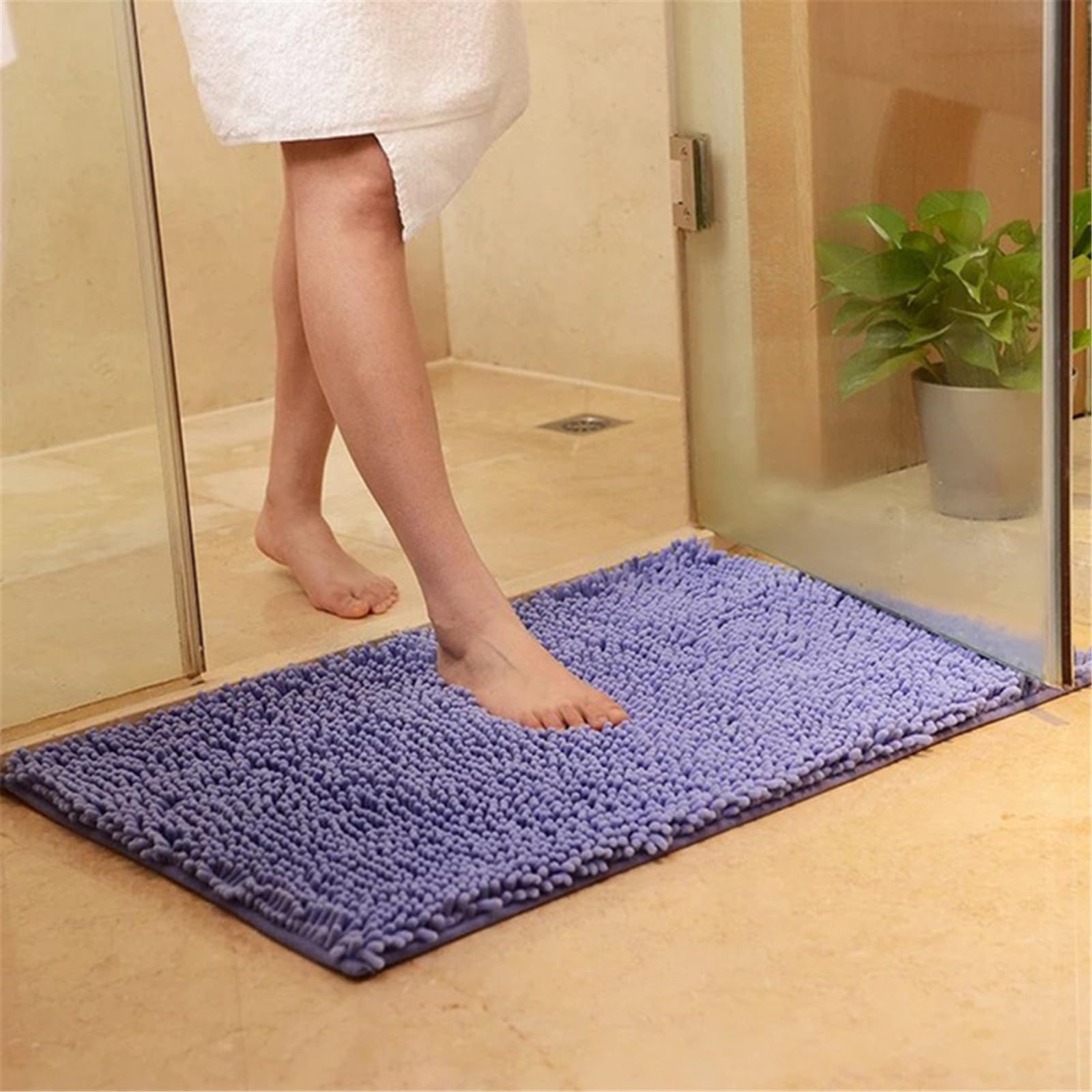 Surwin Chenille Bath Mat Non Slip Chenille Soft Fluffy Large Bathroom Mat Super Absorbent Bathmat Quick Dry & Machine Washable Bath Rug for Bathroom, Shower (Purple,50x160cm)