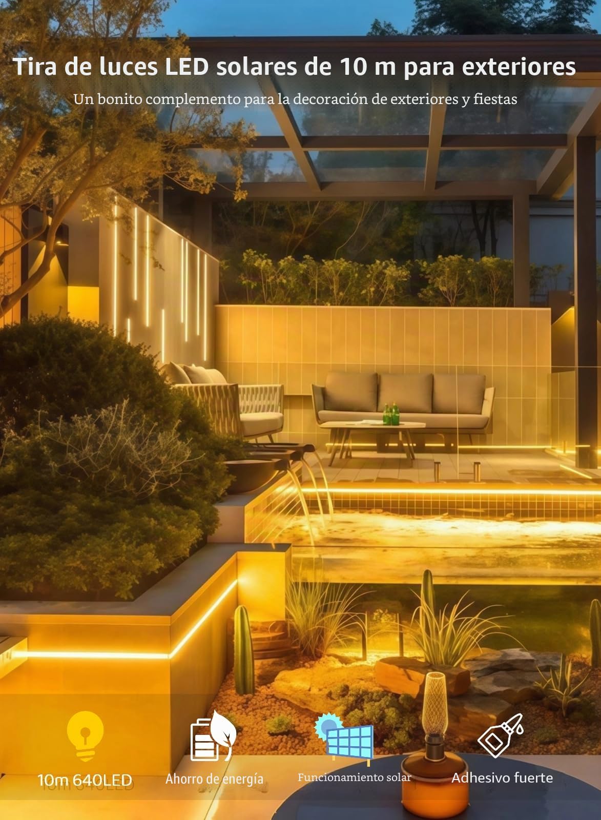 Gaoxun Tira de luces LED solares de 32.8 pies para exteriores, 640 LED, luz blanca cálida flexible con control remoto, regulable, 8 modos, cuerda de luces impermeables IP68, autoadhesivas, para jardín