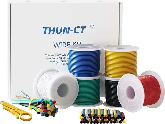 THUN-CT 24 AWG 0.22mm² Electronic Wire Kit 91.5 Meter In Total (6 Colors 15.25 Meter/ 50 Feet Each), Tinned Copper Wire Insulated Wires- 24 Gauge Stranded Hook Up Wires Kit For DIY