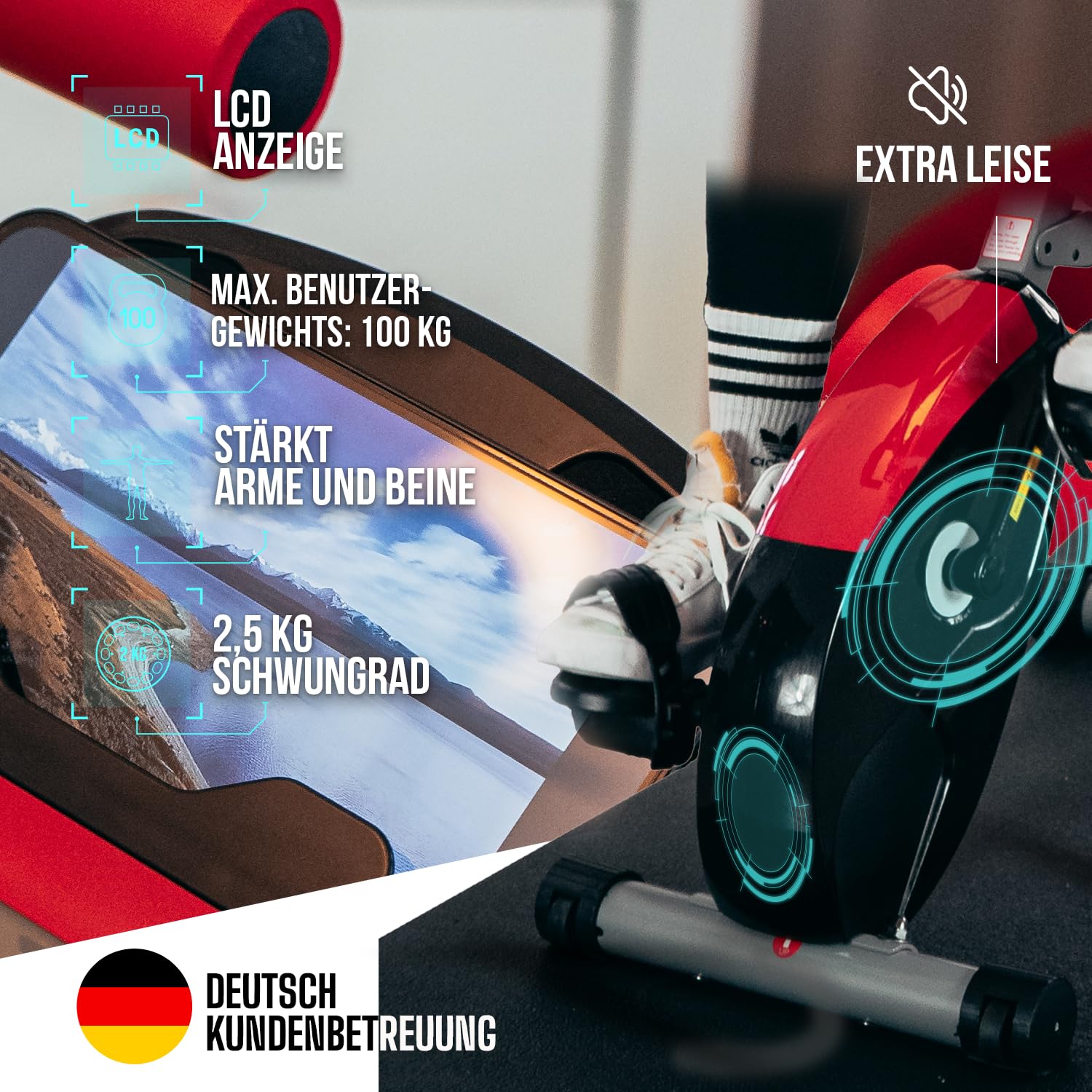Senioren Heimtrainer, faltbarer Fahrradtrainer, Heimtrainer, Fitnessfahrrad LCD Trainingscomputer, klappbarer Hometrainer, inklusive Pulsmessung, 8 Widerstandsstufen