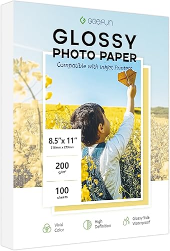 Goefun - Papel fotográfico brillante de 8.5 x 11 pulgadas, 100 hojas, papel fotográfico grueso de 200 GSM para tinta de tinte