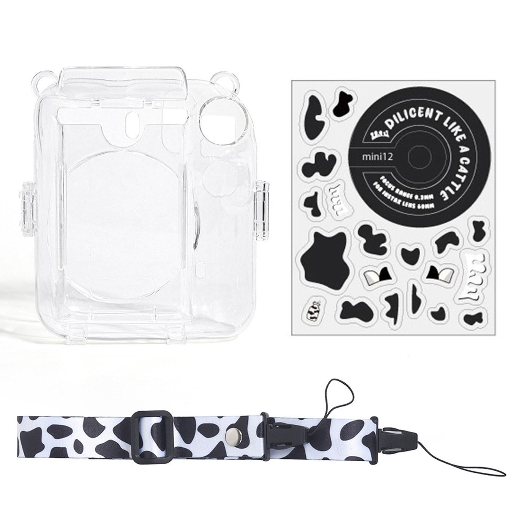 Eyeon - Custodia trasparente per fotocamera istantanea Fujifilm Instax Mini 12, custodia protettiva rigida con tracolla, adesivi decorativi e set di accessori per tasca posteriore, Latte, Organizer