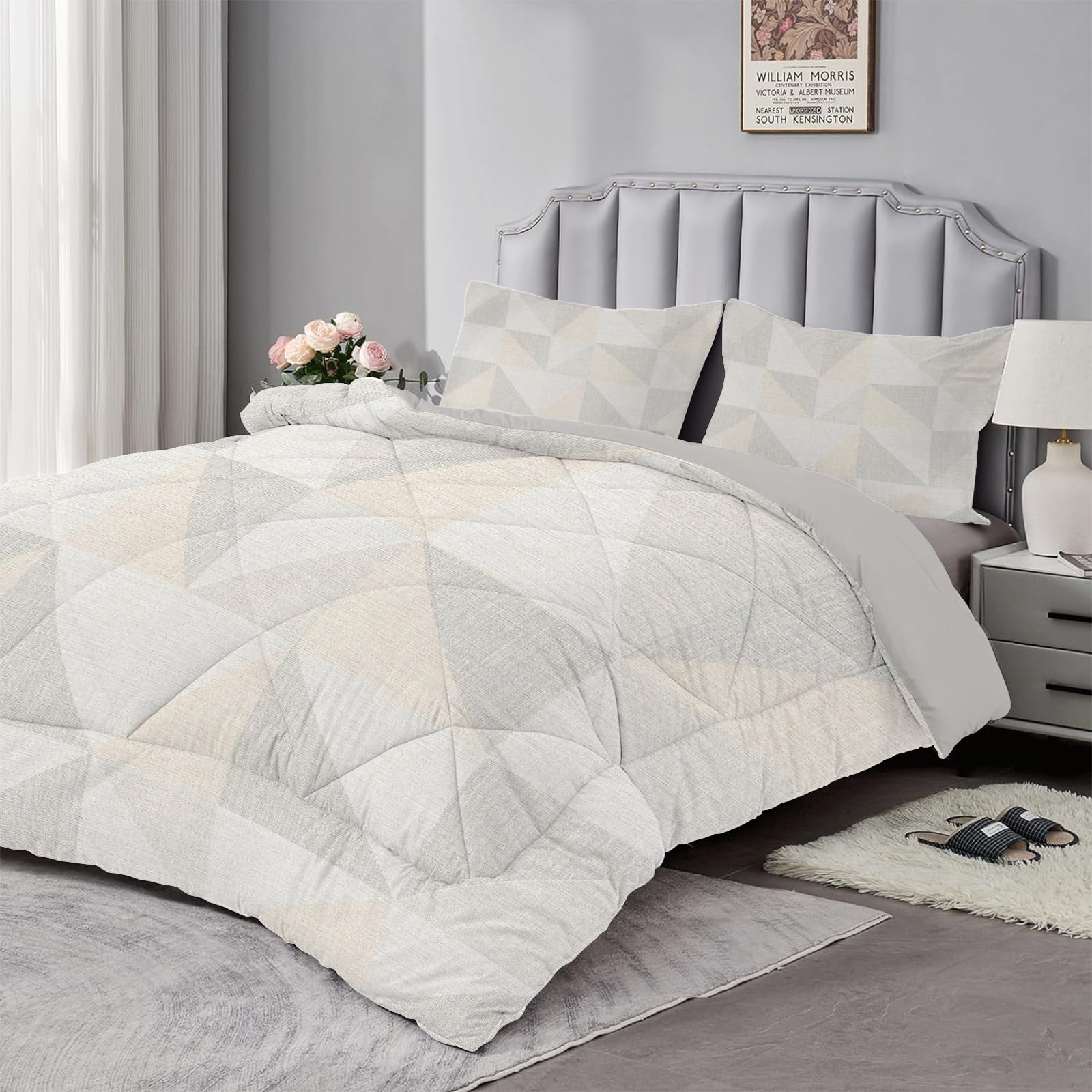 Dyausi Grey Single Duvet - Reversible Coverless Duvet 2 Piece - Summer Duvet With Geometry Pattern - Lightweight Hypoallergenic And Machine Washable Comforter - Single 135X200cm