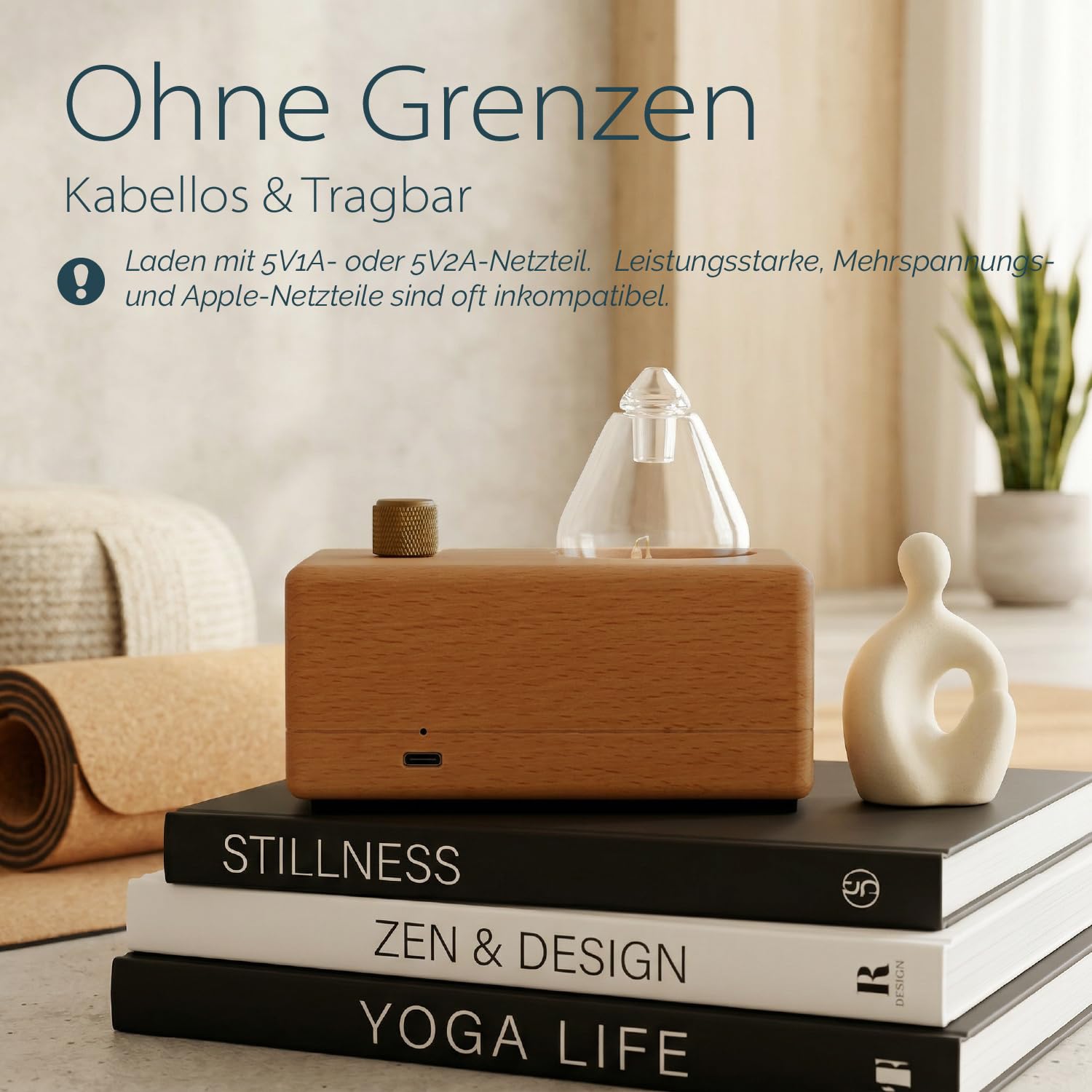 Watedrop Aroma Diffuser Kabellos, Wasserloser Diffusor für Aromatherapie, Elektrischer Duftöl Vernebler aus Glas & Holz, Tragbare Ätherische Öle Duftlampe für Große Räume Yoga Büro, Leise & Aufladbar