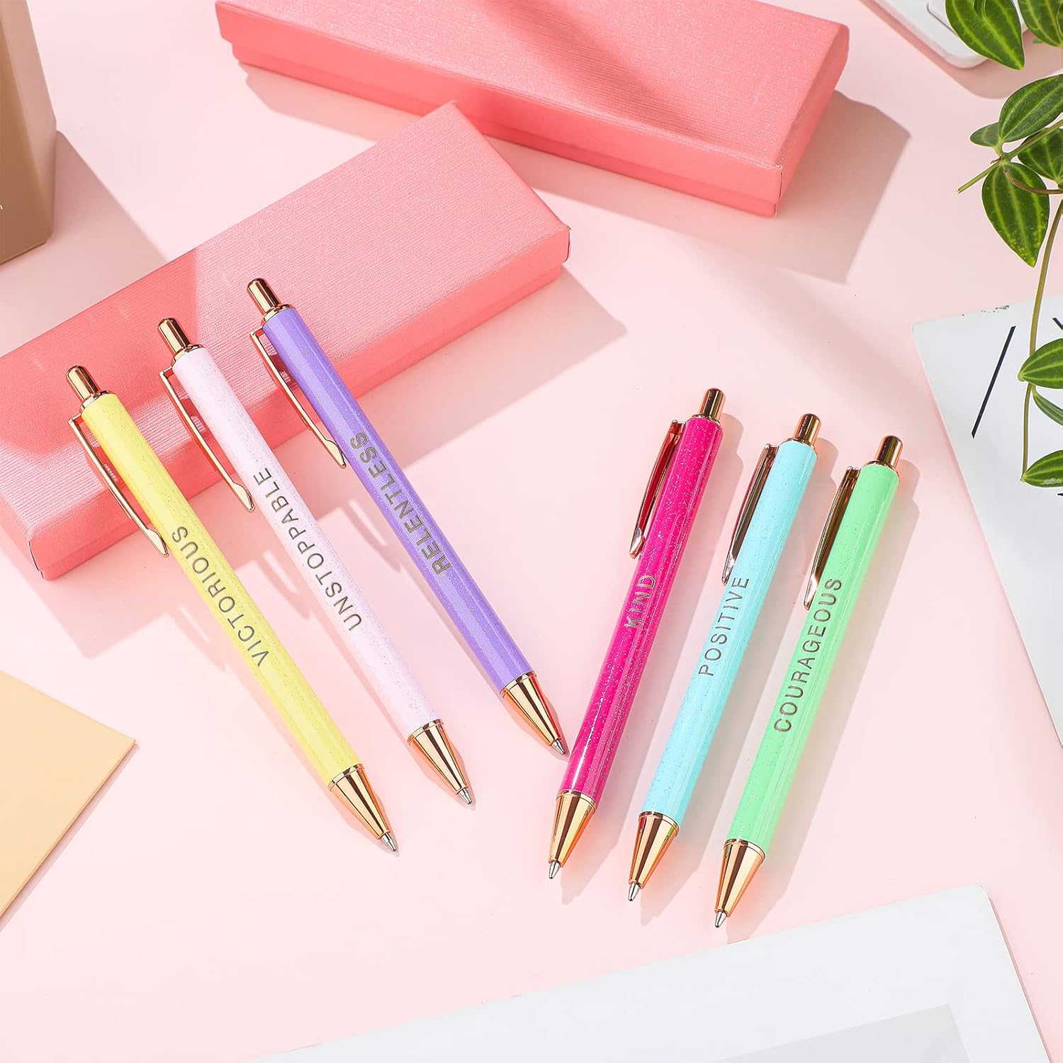 Outus 6 Pcs Christmas Fancy Pen Set, Inspirational Gifts for Women, Office Motivational Cute Pens Boss Lady Gifts Metal Pretty with 2 Gift Box Pastel Inspirational Retractable Ballpoint Office(Cute) - Image 4