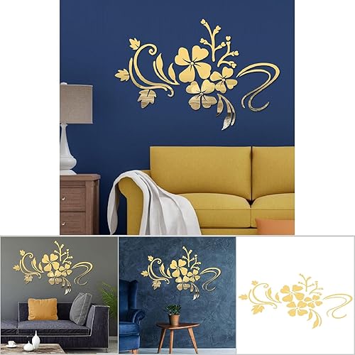 Miniatura 5 de Pegatina de pared de espejo para pared, calcomanía decorativa para sala de estar, arte de flores de plástico extraíble (dorado)