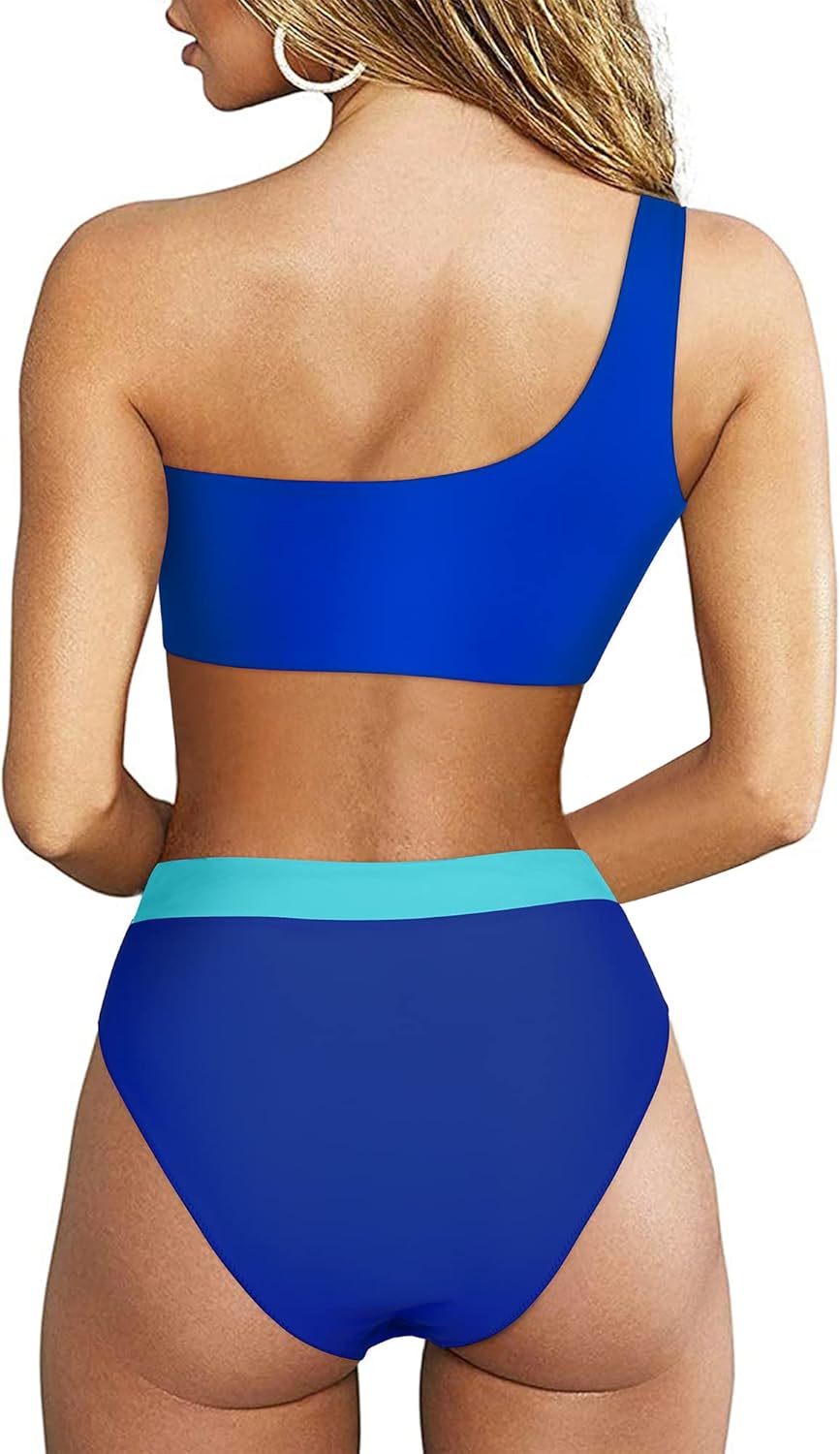 MOOSLOVER Women Cutout One Shoulder High Waisted Bikini High Cut Two Piece Swimsuits