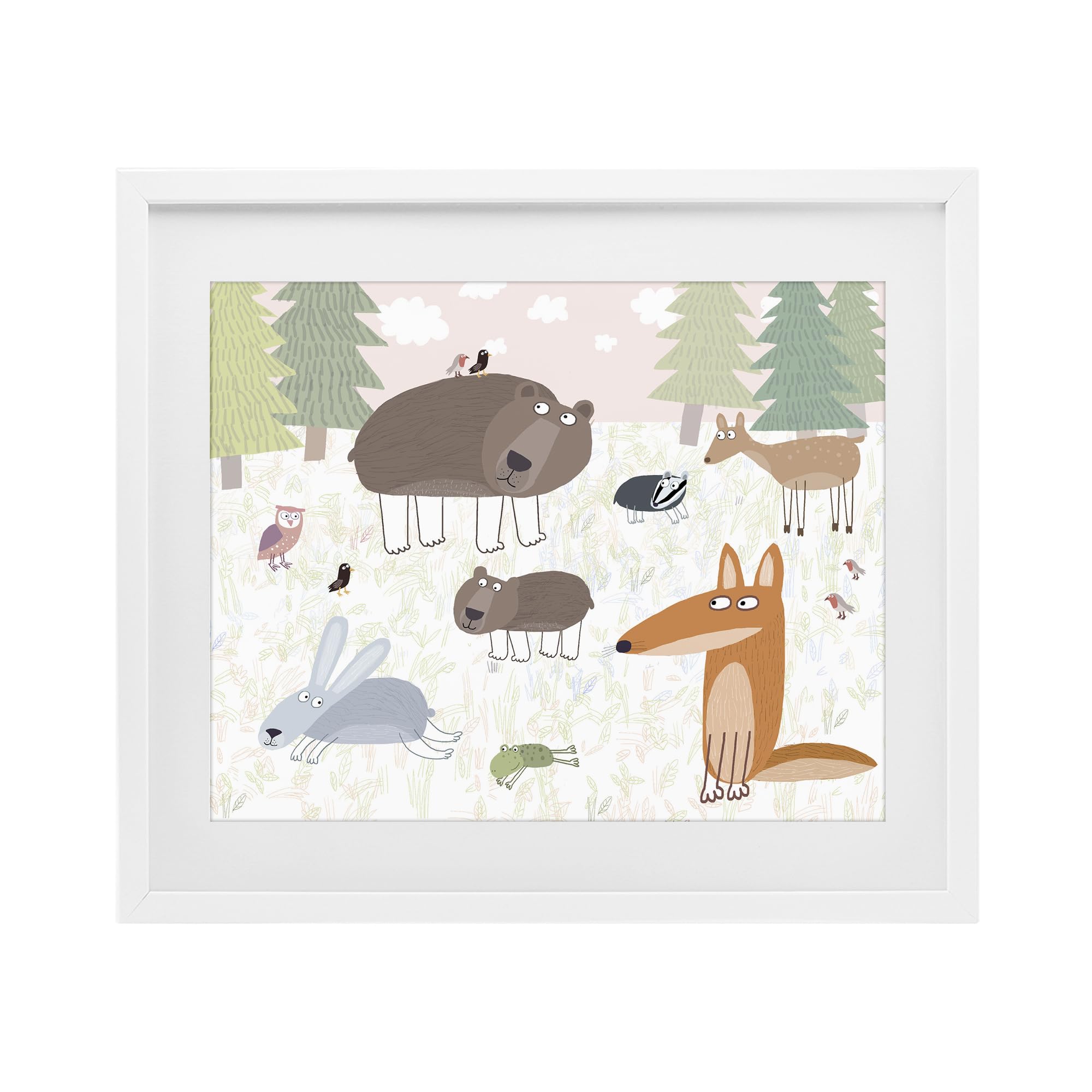 Stupell Industries Coastal White (Textured) 'Forest Animals Out And About'| Framed Print Under Glass