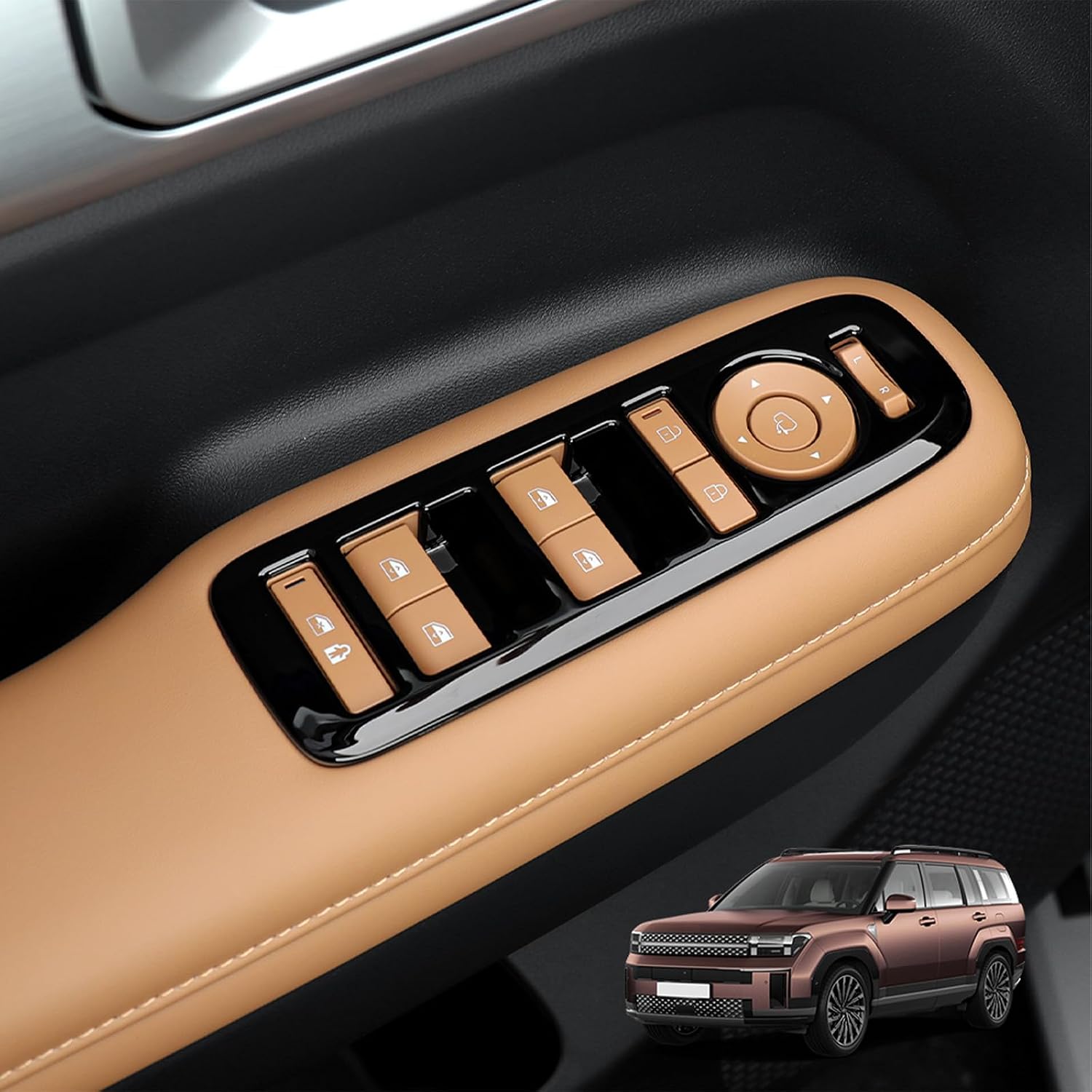 Window Lift Button Cover Door Armrest Trim Panel Frame Interior Compatible with Hyundai Santa Fe 2024 2025 Accessories (Carbon Fiber Pattern)