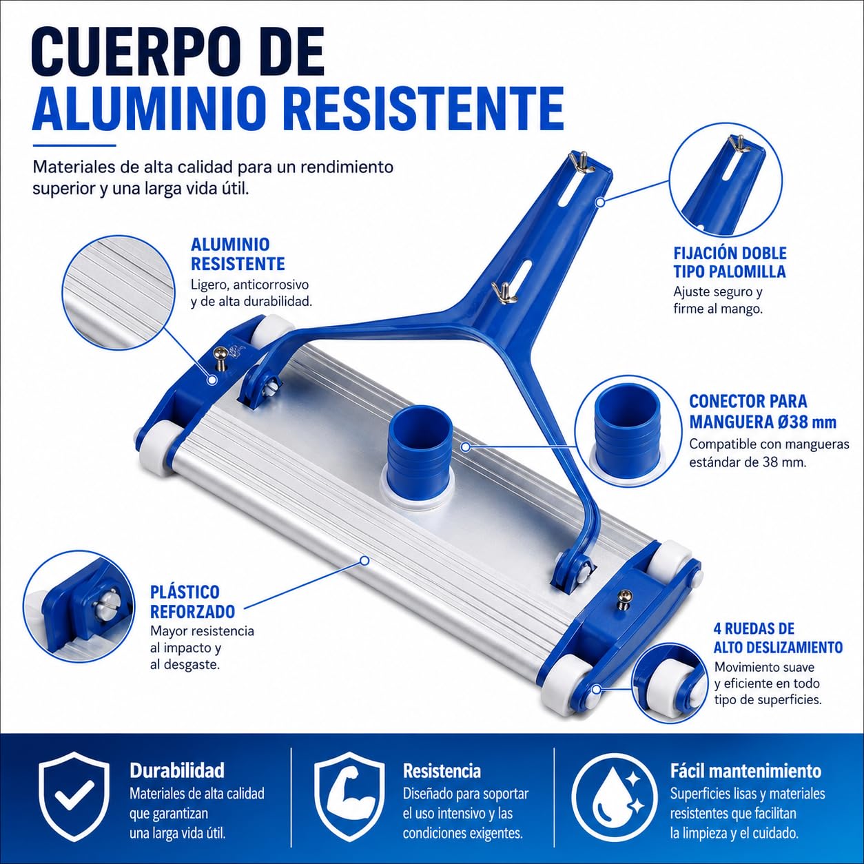 Limpiafondos de aluminio para piscinas - Fijación palomilla - Cepillos de nylon - 4 ruedas - 33 cm Dpool