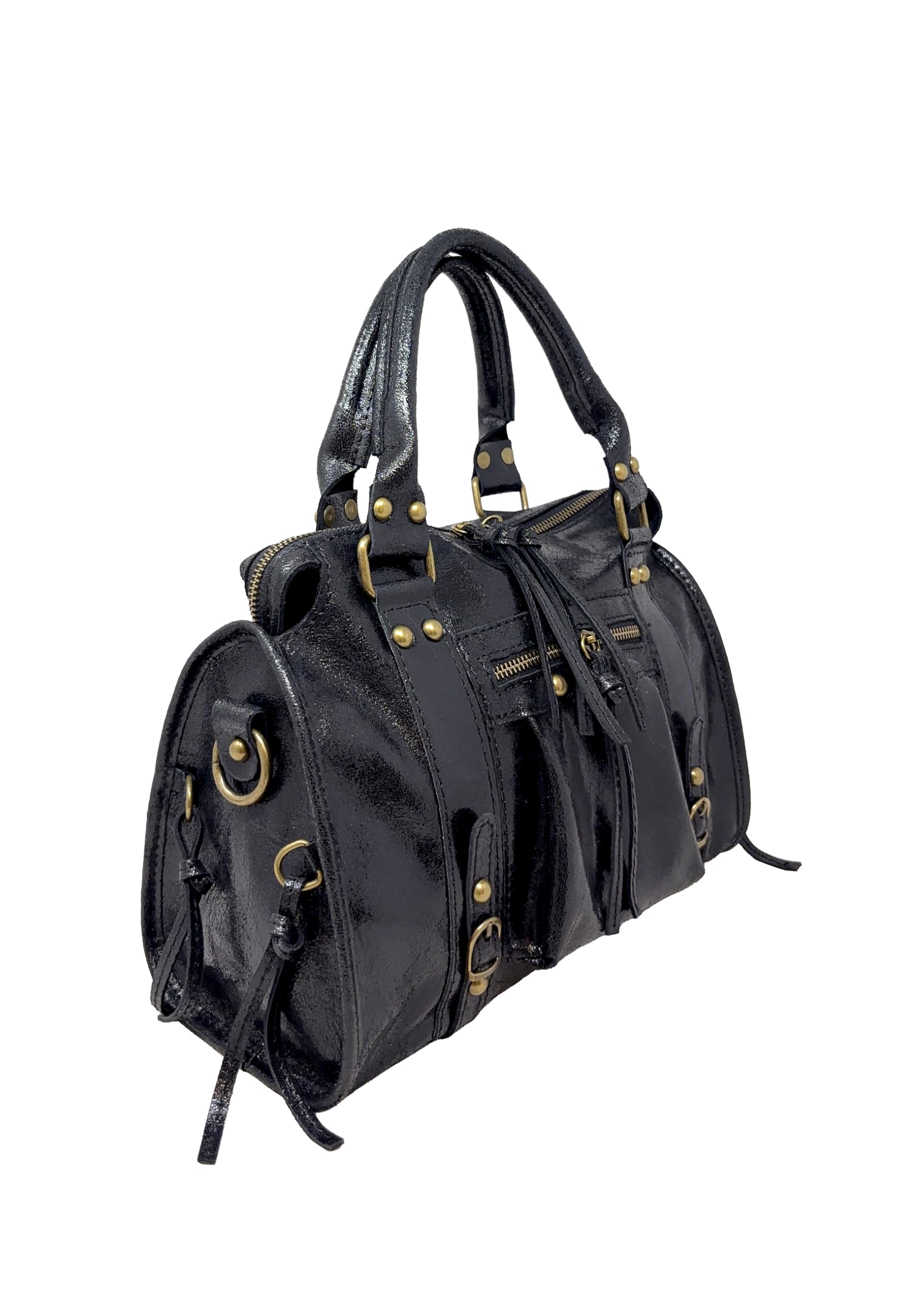 Chicca Borse Borsa a Mano con Tracolla Media da Donna in Pelle Lucida con Borchie