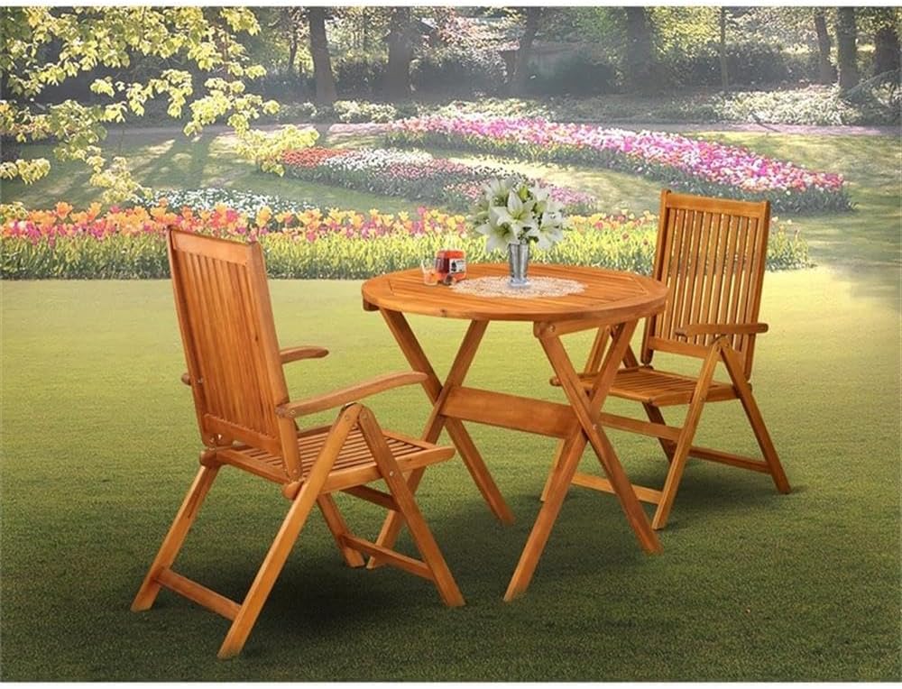 Pemberly Row Folding Patio Dining Set, Acacia Wood, Natural Oil Finish, Includes Round Folding Table 30"x30"x27.5" and 2 Chairs, Compact and Portable, Ideal for Camping or Outdoor Spaces