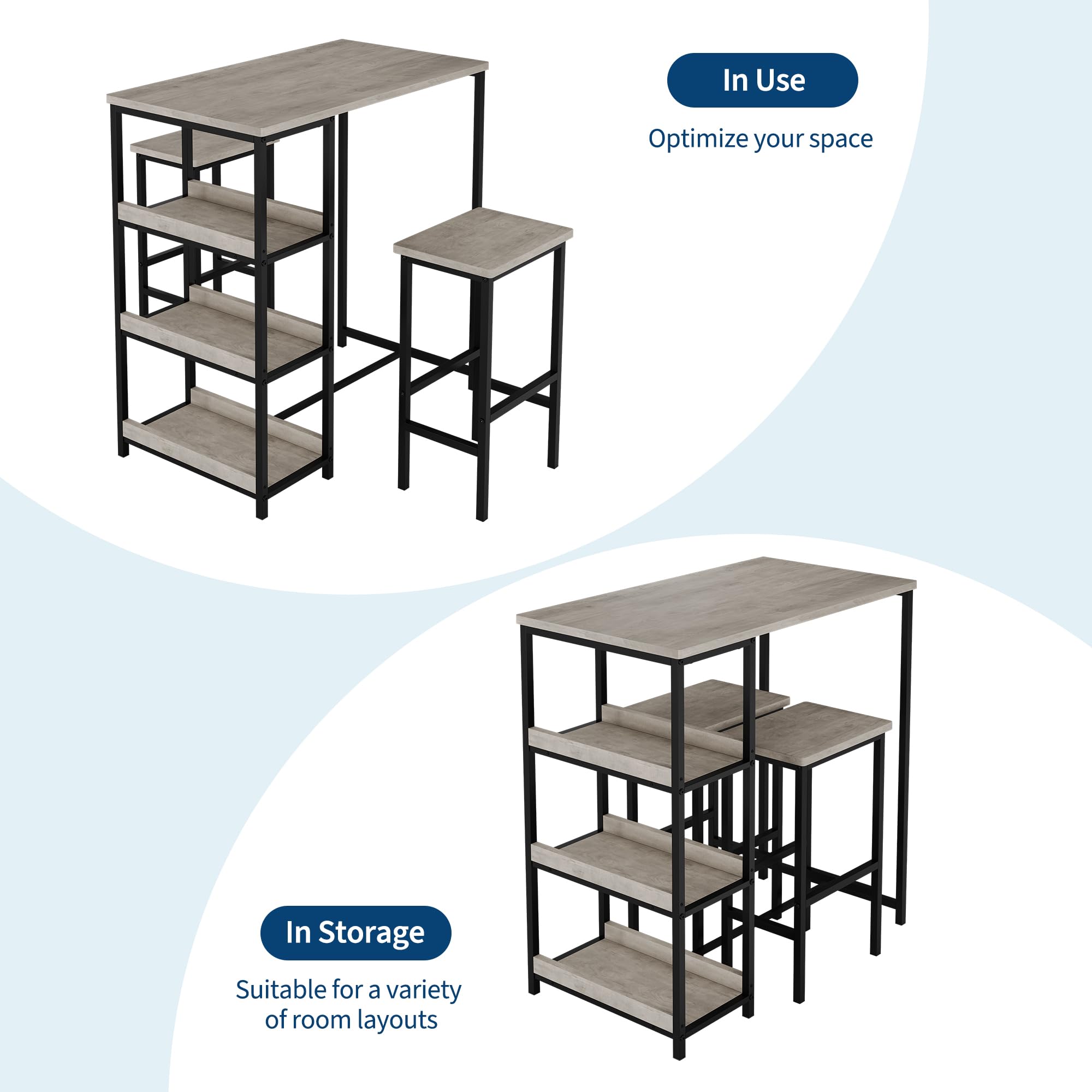 Garvee Bar Tisch Und Stühle Set, Rechteckiger Pub Tisch Mit 2 Hockern Für Kleinen Platz, High Top Tisch, 3-Teilige Frühstück Hocker Set, Robuster Metallrahmen, Einfach Zu Montieren,Grau