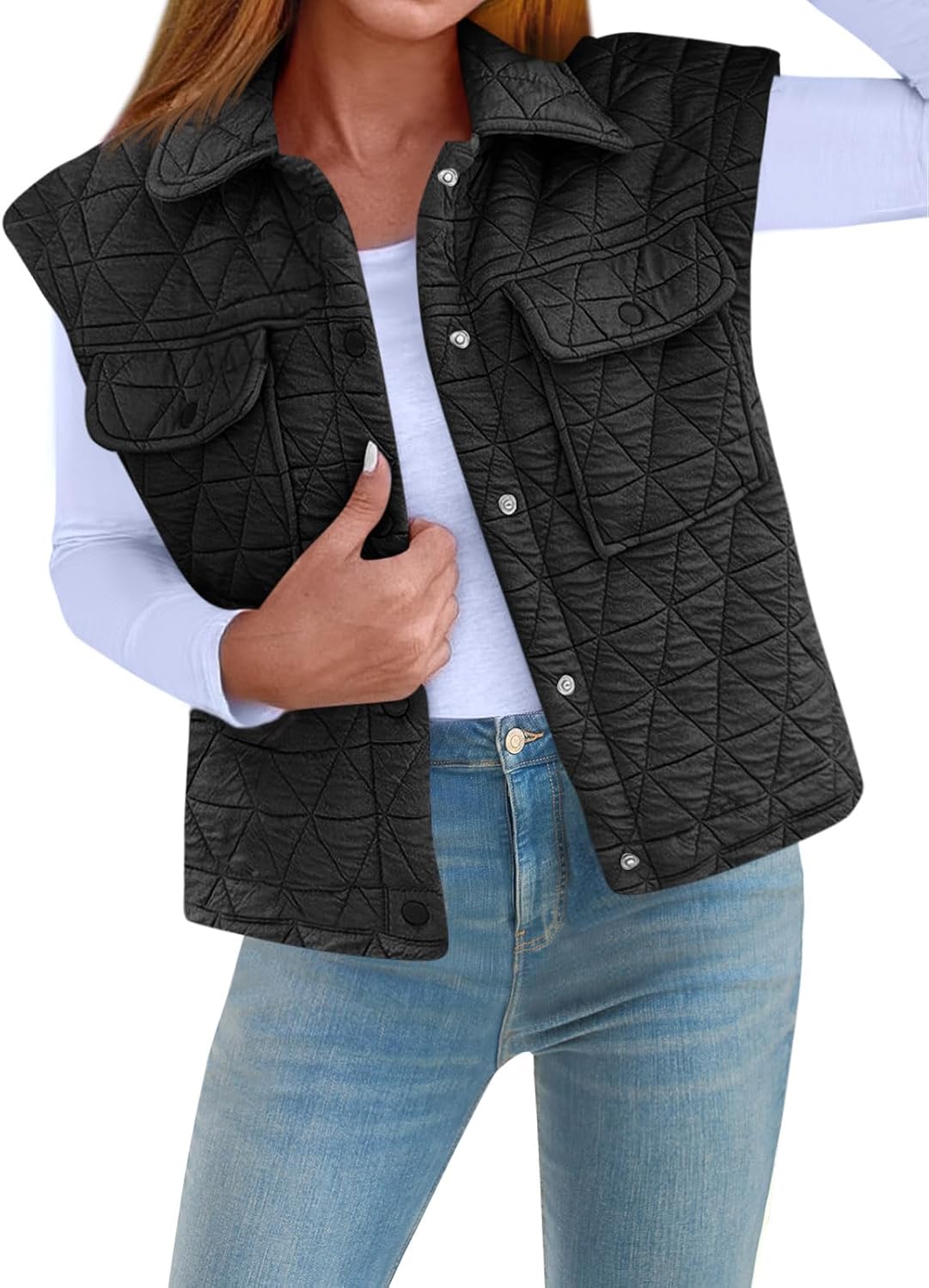 Cicy Bell Womens Lightweight Quilted Vests Cargo Button Down Cropped Sleeveless Jackets Fall Loose Fit Gilets with Pockets