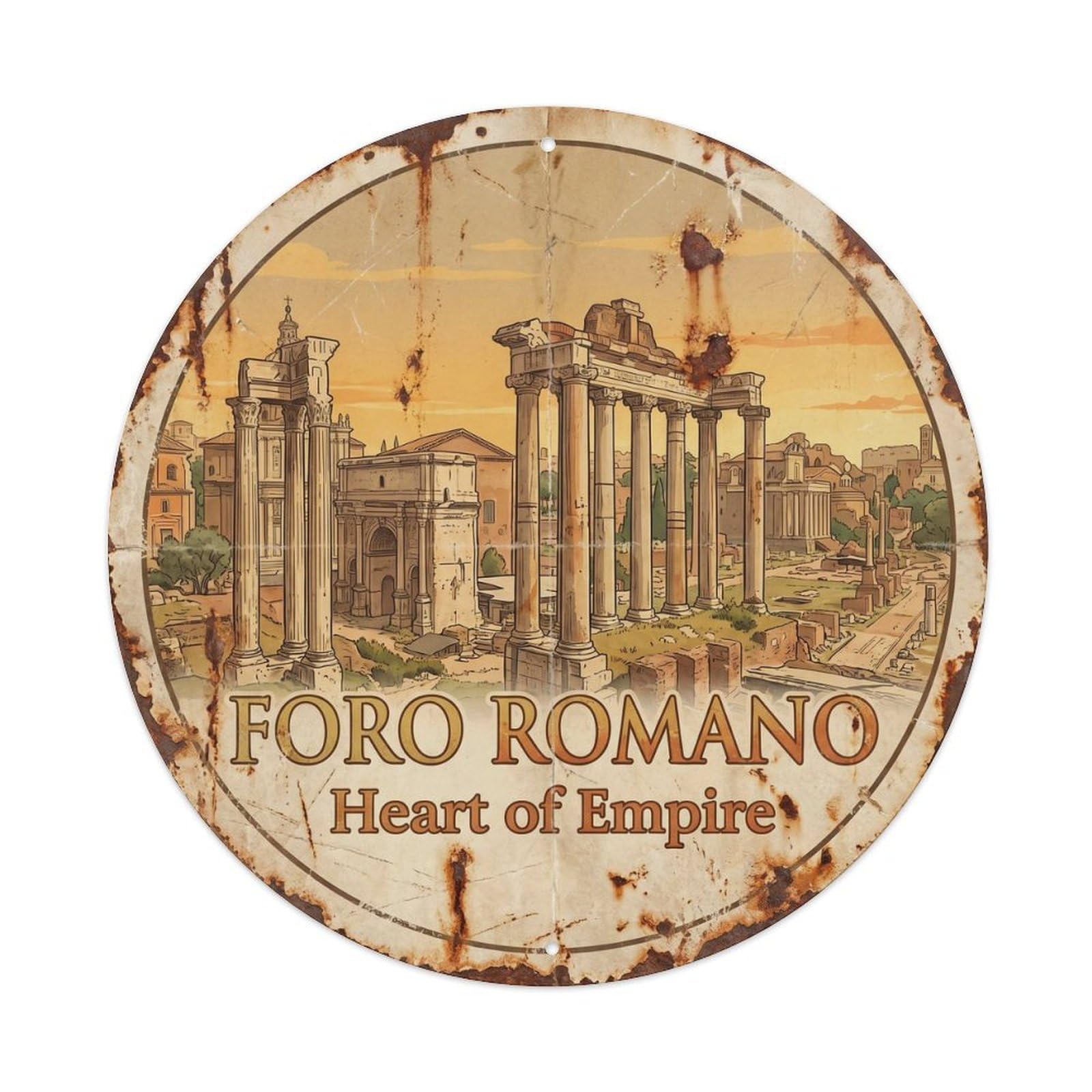 Vintage Travel Roman Forum Ruins Metal Tin Sign Plaque Wall Decor for Cafe, Club, Garden Round Metal Poster 8x8Inch