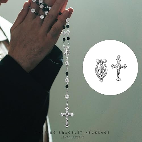 Vista 6 de 30 piezas/15 juegos de kits de rosario de aleación, medallas con cruz y centro, dijes ovalados, Jesús, María, eslabones católicos, colgantes