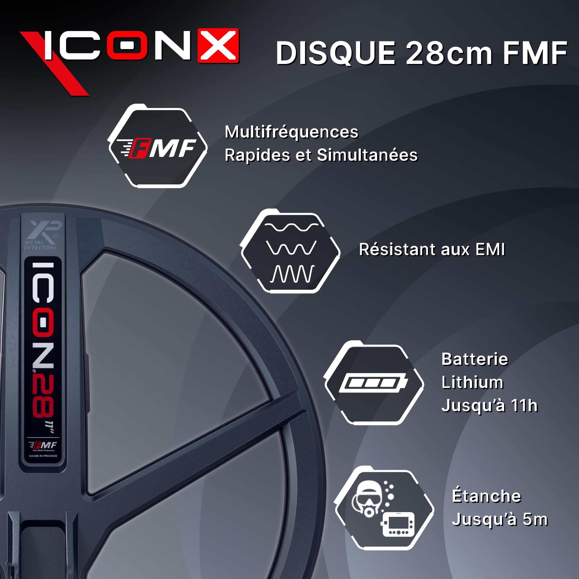XP Metal Detectors ICONX - Détecteur de Métaux sans Fil Multifréquence, Casque WSAST, Ultra Léger, Étanche 5m, Disque FMF 28 cm, Compatible Univers Deus II (ICONX-28FMFRCWSAST)