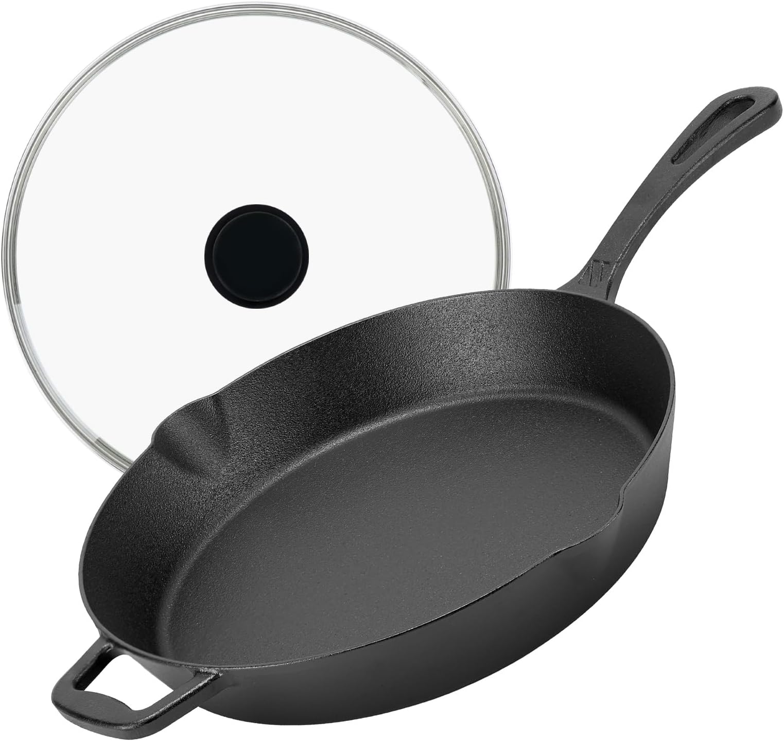 12" Long Handle Cast Iron Skillet with Glass Lid, 6.37lbs
