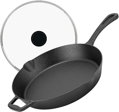 30cm (12" Inch) Pre-Seasoned Cast Iron Skillet with Lid, Glass Cover, Long Handle,Indoor/Outdoor Use Frying Pan,6.37lbs