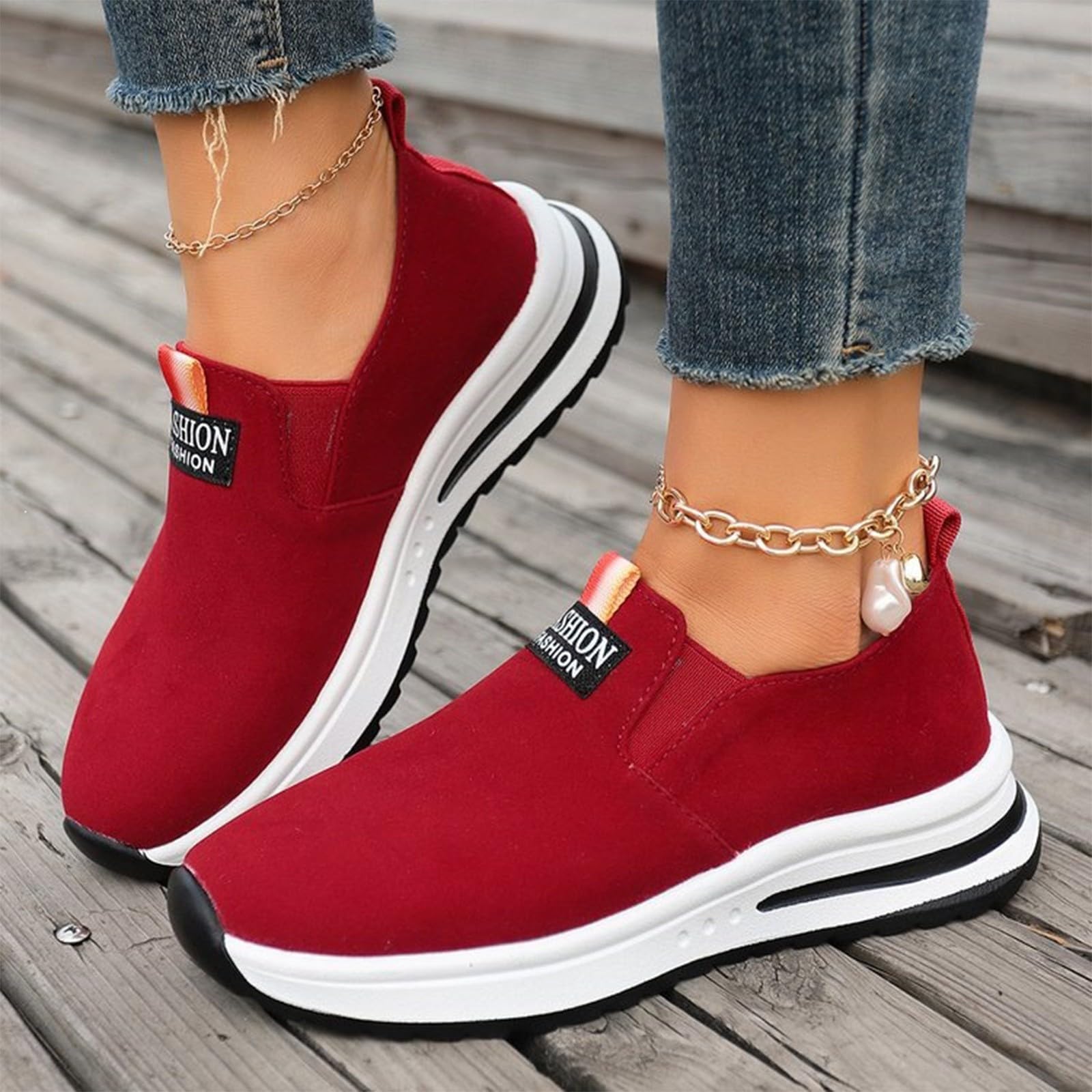 Zapatos deportivos de plataforma retro con textura de gamuza para mujer, mocasines gruesos y planos casuales con lengüeta de tracción para viajes, viajes y conducción