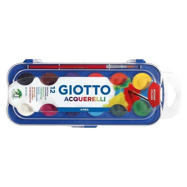 GIOTTO Aquarelli, Acuarelas, con 1 pincel incluido, diámetro pastilla 30mm, Colores Surtidos, 12 uds.