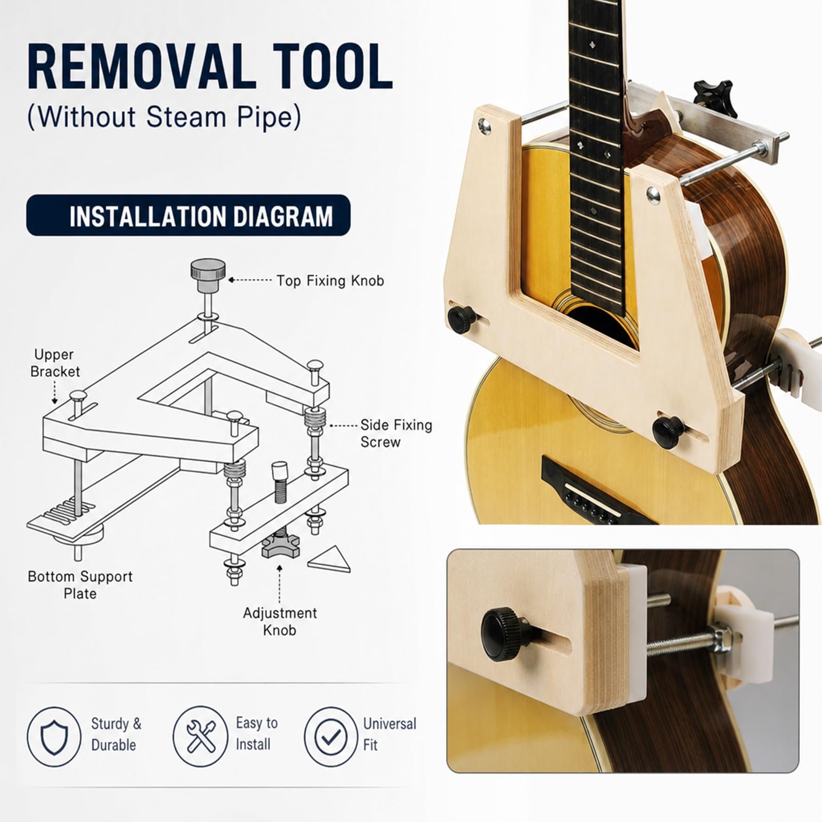Zestaw narzędzi do demontażu gryfów gitarowych, regulowana siła zacisku | Narzędzie do resetowania gryfów, pręty ze stali nierdzewnej, separacja i reset gitar, dla muzyków i lutników