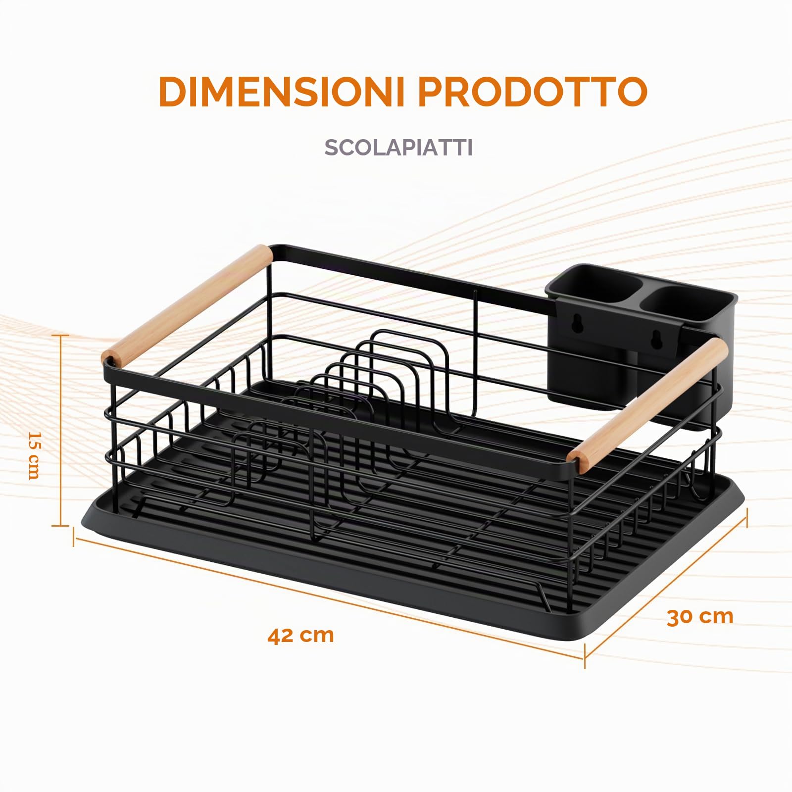 BRIAN & DANY Scolapiatti da Appoggio con Manico in Legno, Nero, 42 × 30 × 15 cm