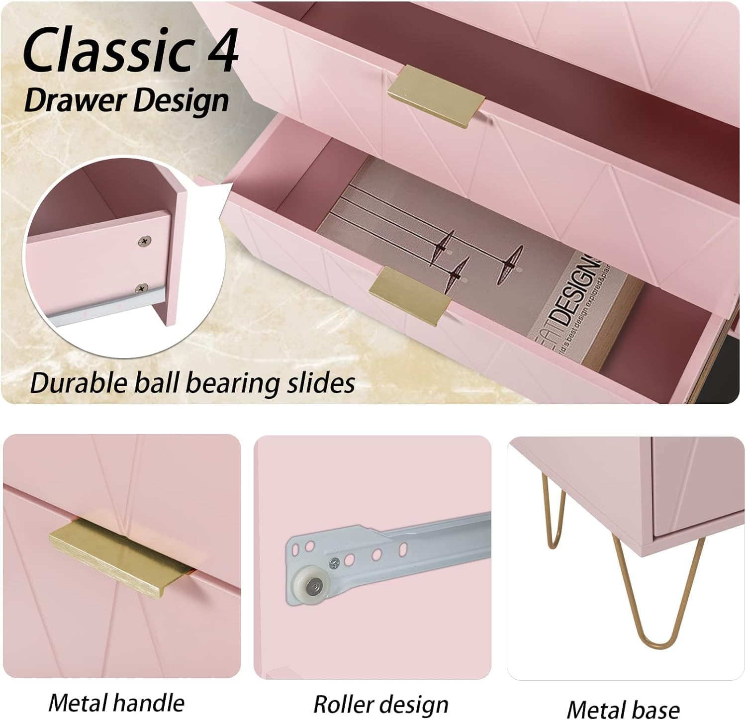 Anbuy Pink 4 Drawer Dresser, Drawer Chest, Tall Storage Dresser Cabinet Organizer Unit with Metal Legs for Bedroom, Living Room, Closet Grey