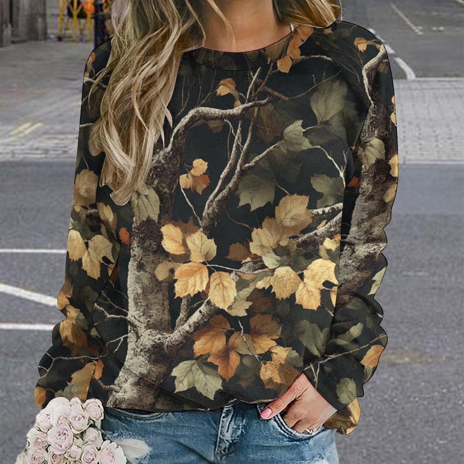 ZOCAVIA Womens Fall Crewneck Sweatshirts Fashion Casual Long Sleeve Pullover Tops Country Camo Maple Graphic Shirts Oversized - Image 2