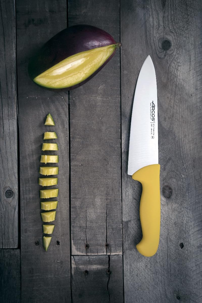 Arcos Chef Knife 8 Inch Nitrum Stainless Steel and 200 mm blade. Professional Multipurpose Cooking Knife. Ergonomic Polypropylene Handle. Series 2900. Color Yellow