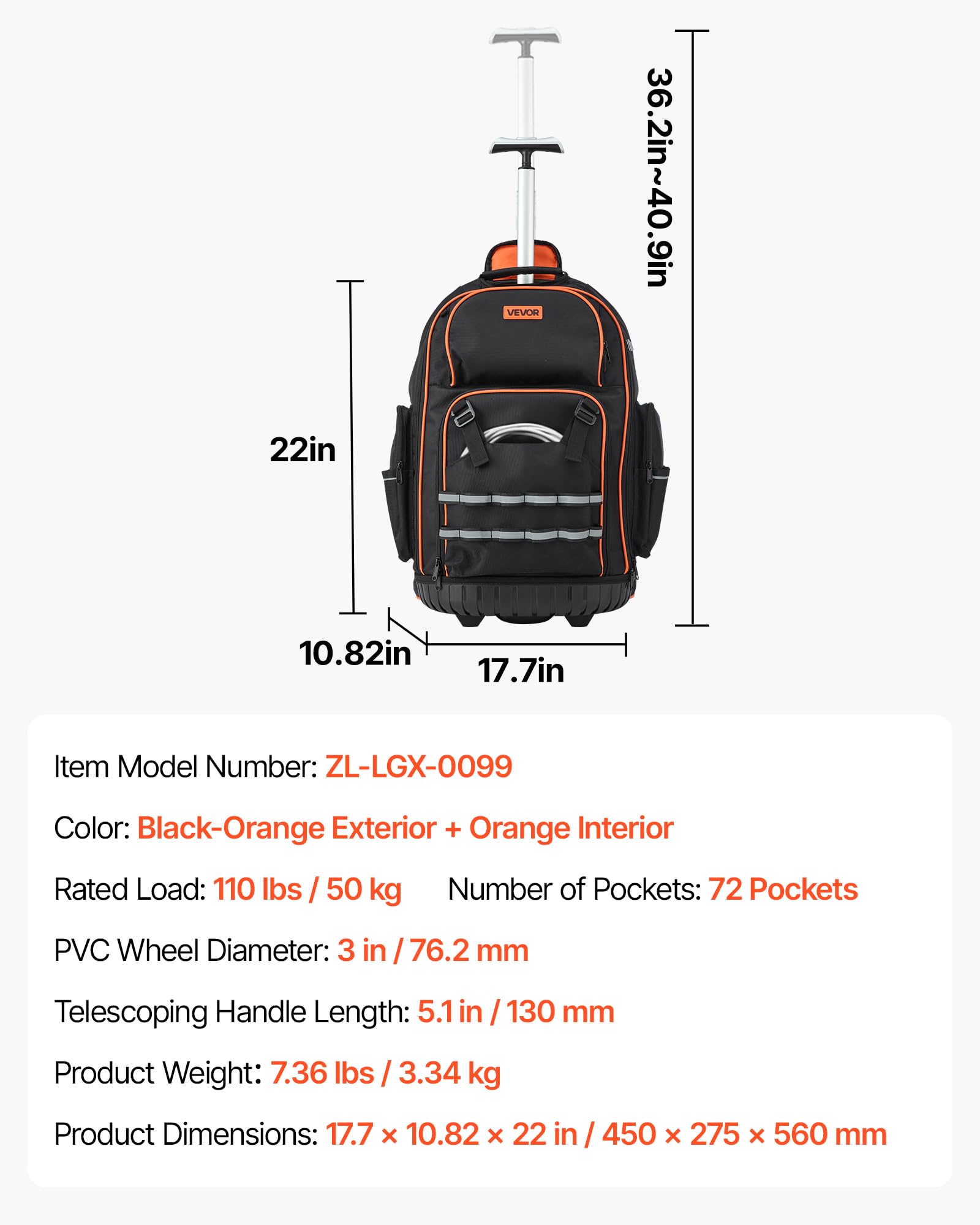 VEVOR Mochila con Ruedas de 450 x 275 x 560 mm Capacidad de Carga de 50 kg Mochila de Herramientas Resistente con 72 Bolsillos, Asa Telescópica Ajustable y Base Estable para Construcción y Mecánico