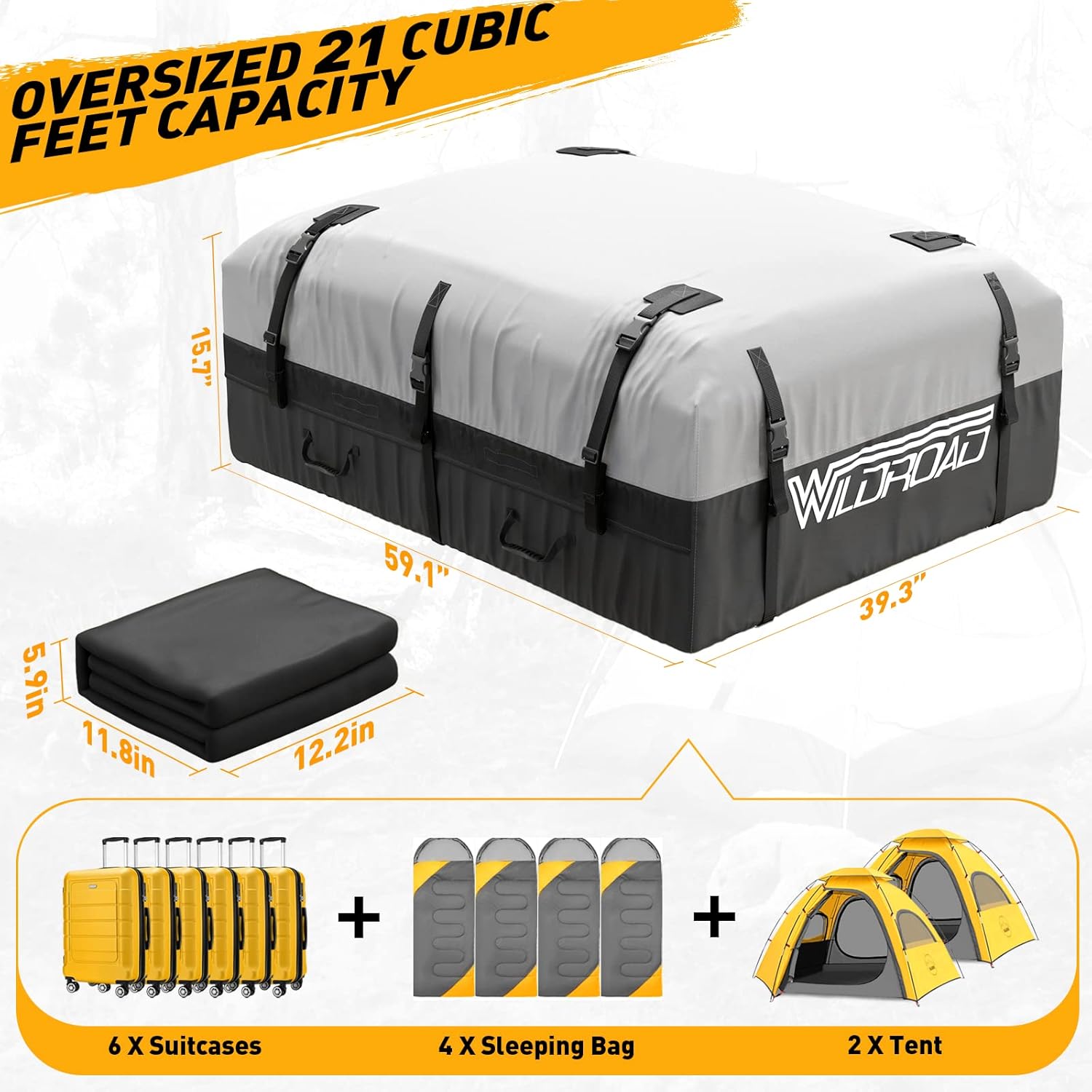 Rooftop Cargo Carrier Bag, WILDROAD 21 Cubic Feet 600D Ultra Anti-Tear Fabric Waterproof Car Roof Bag, Soft-Shell Roof Bag with Storage Bag, Anti-Slip Mat and 6 Door Hooks Fits Car with/Without Racks : Automotive