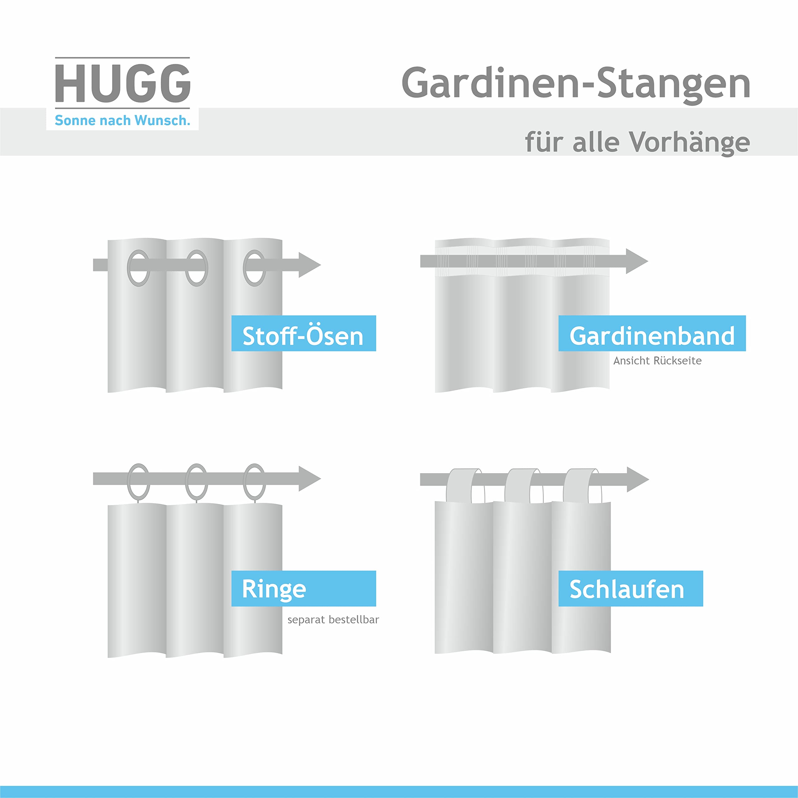 HUGG Gardinenstange Cap (vm.77) Ø 16mm, Wandmontage, Edelstahl-Optik - 200 cm