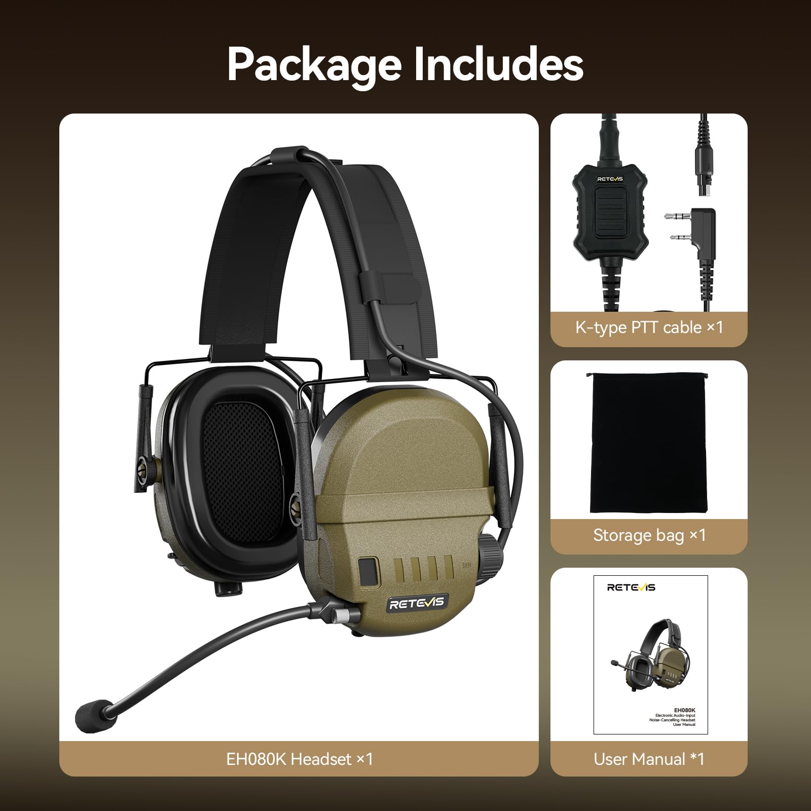 Retevis EH080K Taktisches Headset, Elektronisches Headset mit Geräuschunterdrückung und Tonaufnahme für die Jagd, Kabelloses Komfortables Kompatibel mit RT24, RT27, H777, RA89, RT85, RT86 (1 Stück)