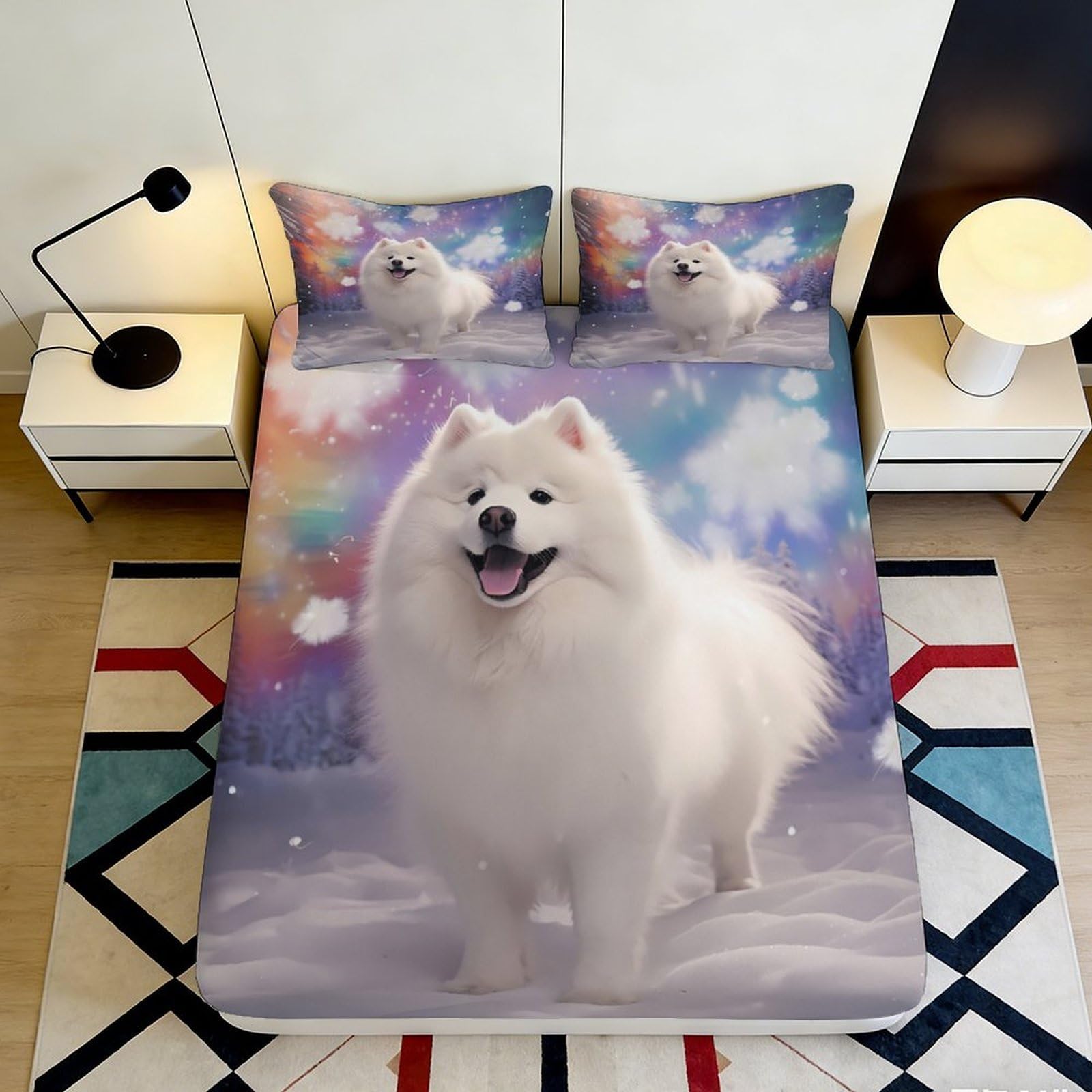 Pnayamiorkfel Style-8 3D Printed White Samoyed Dog Fitted Sheet Microfiber Soft Bed Cover Rainbow Snow Bedroom Decor Protection 90X200x25cm