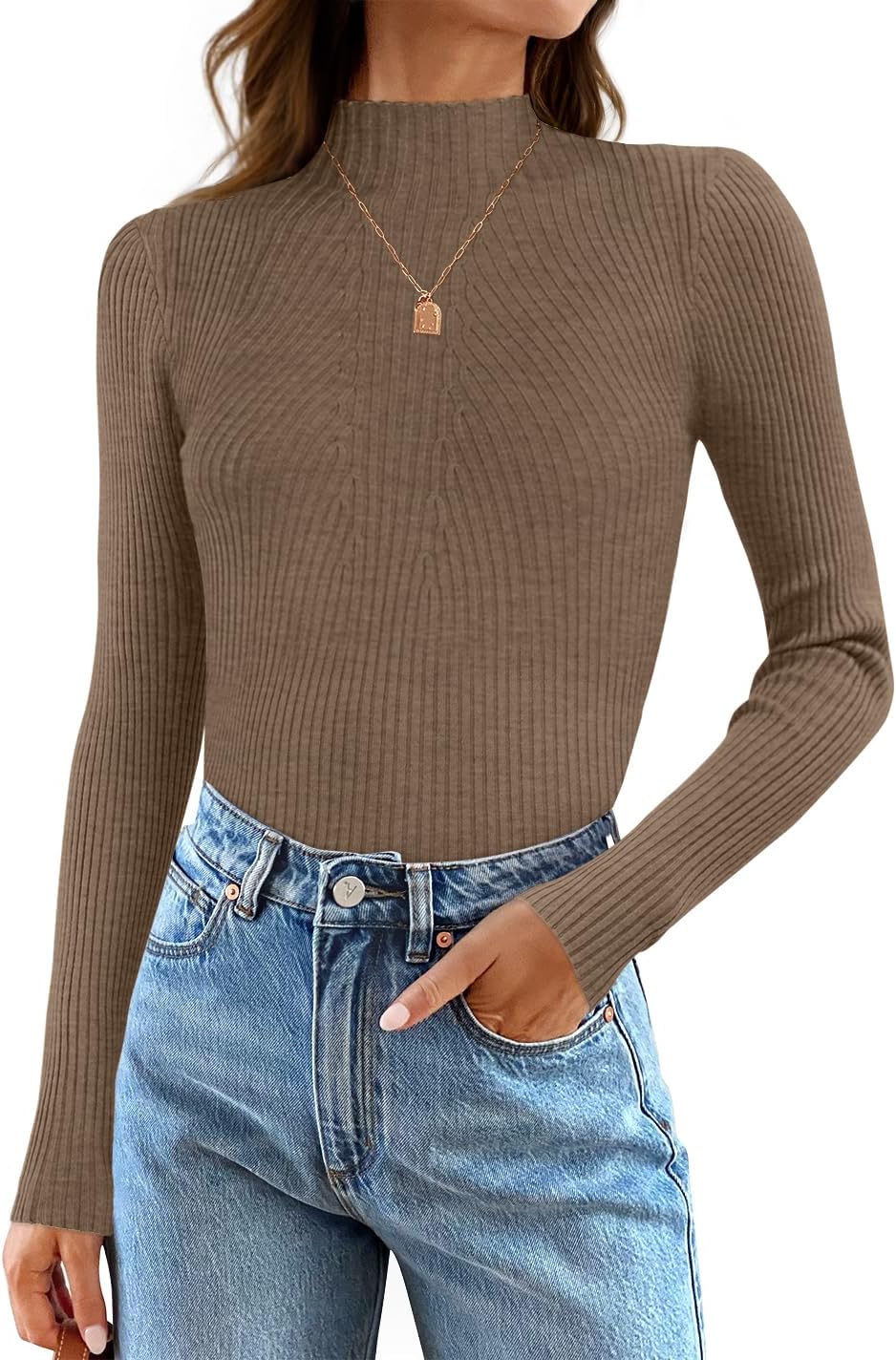 ZESICA Women's 2025 Fall Long Sleeve Turtleneck T Shirt Ribbed Knit Sweater Slim Fit Basic Casual Tee Tops
