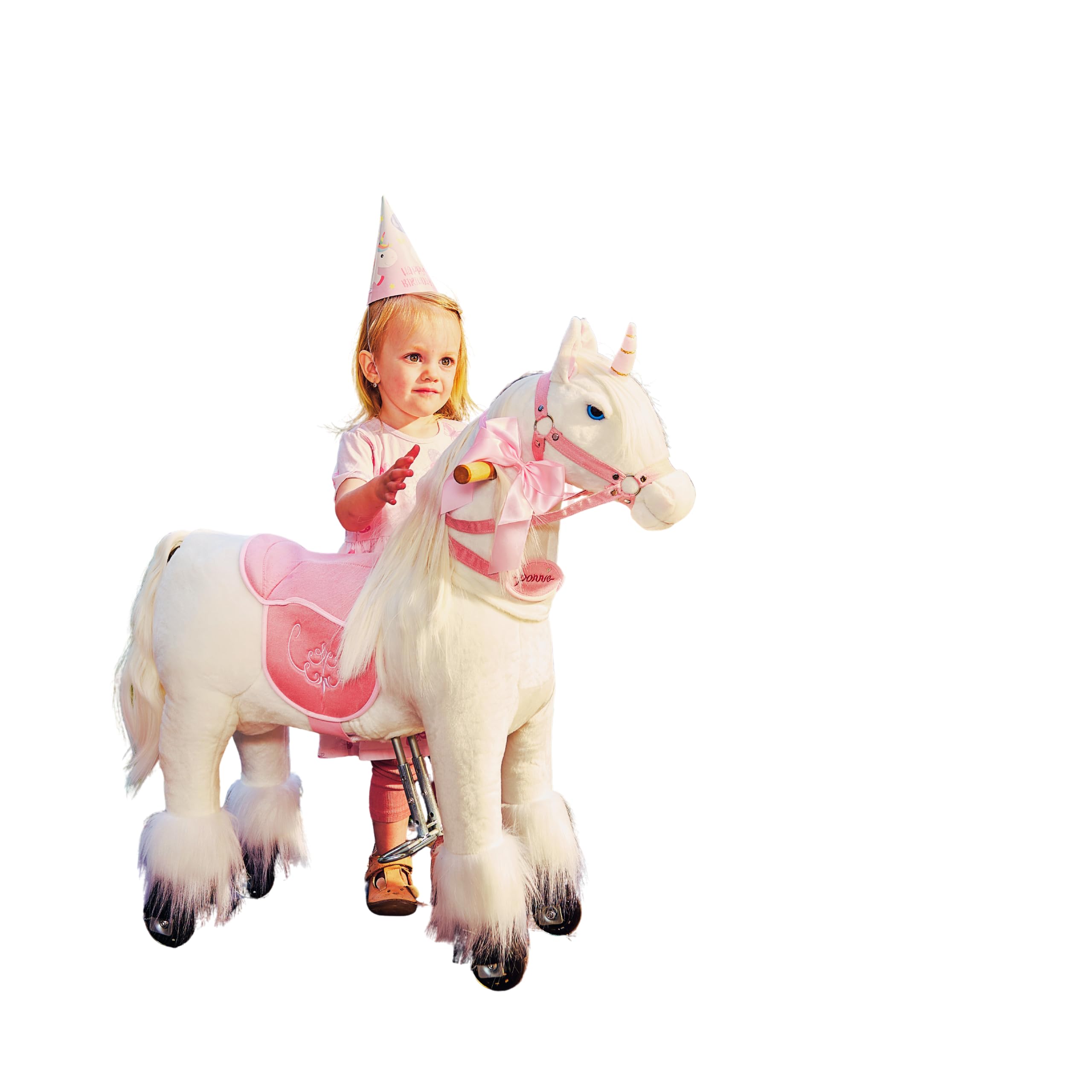 PONNIE Einhorn mit Rollen Unicorn S für Kinder 3–6 J (30 kg) – Ohne Batterie – Mitwachsend Dank höhenverstellbarer Steigbügel – Kämmbar, mit abnehmbarem Rosa Sattel – drinnen&draußen – 87 cm