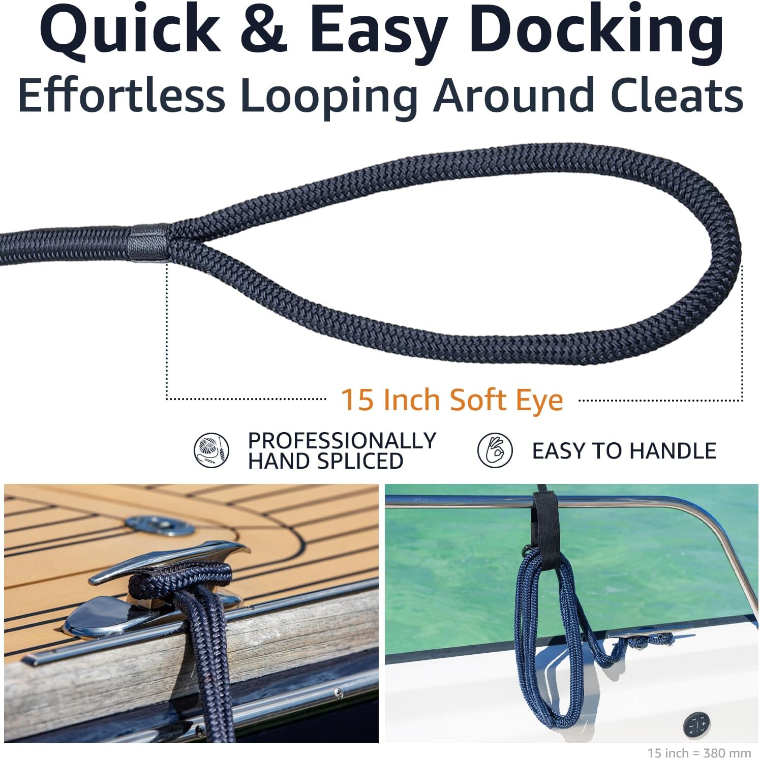 Dock Lines 5/8 Inch x 20 ft Double Braid Nylon Boat Dock Line with a 15" Eye, Easy to Handle Boat Ropes for Docking, Marine Grade Boat Lines, Boating Accessory - Navy Blue, 4 Pack - Image 4