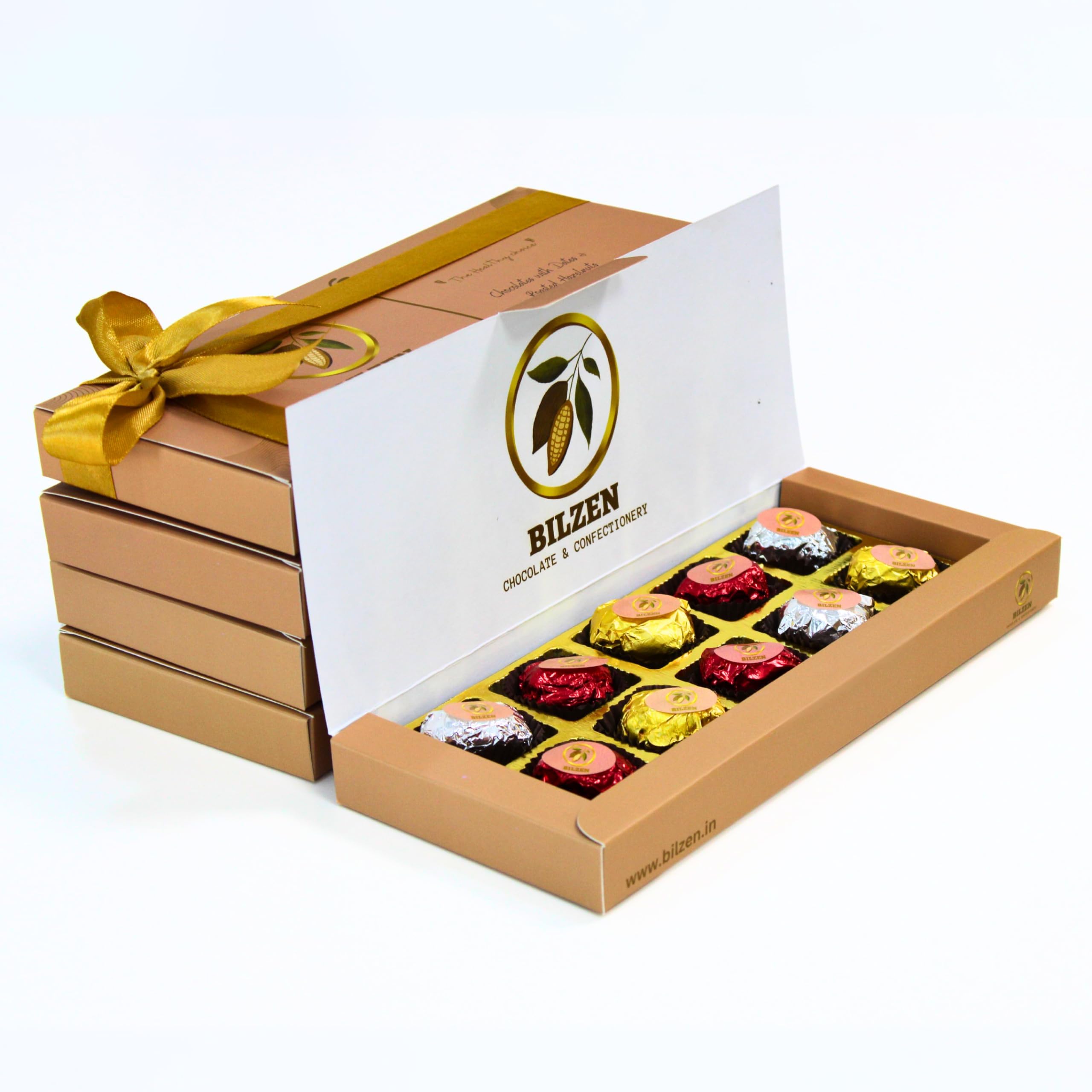 BILZEN Gourmet Assorted (Milk, Dark & White) Chocolates with Dates And Roasted Hazelnut Gift Box | No Preservative |No Added Sugar | Healthy Snacks | 10 Piece, Pack of 1