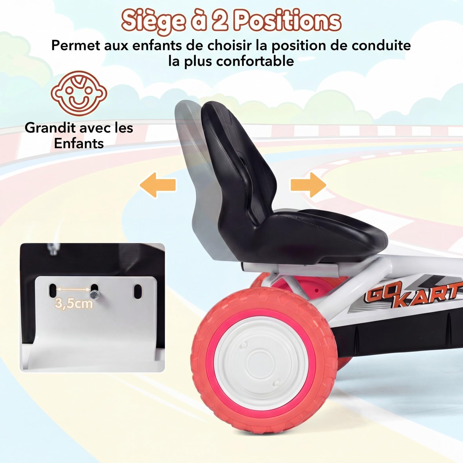 DREAMADE Kart à Pédales pour Enfants avec Siège Réglable 2 Positions, 4 Roues Résistantes à l'usure, Angle de Sécurité Limité, Karting Enfant pour Garçons et Filles de 3+ Ans, Charge 30 kg (Blanc)