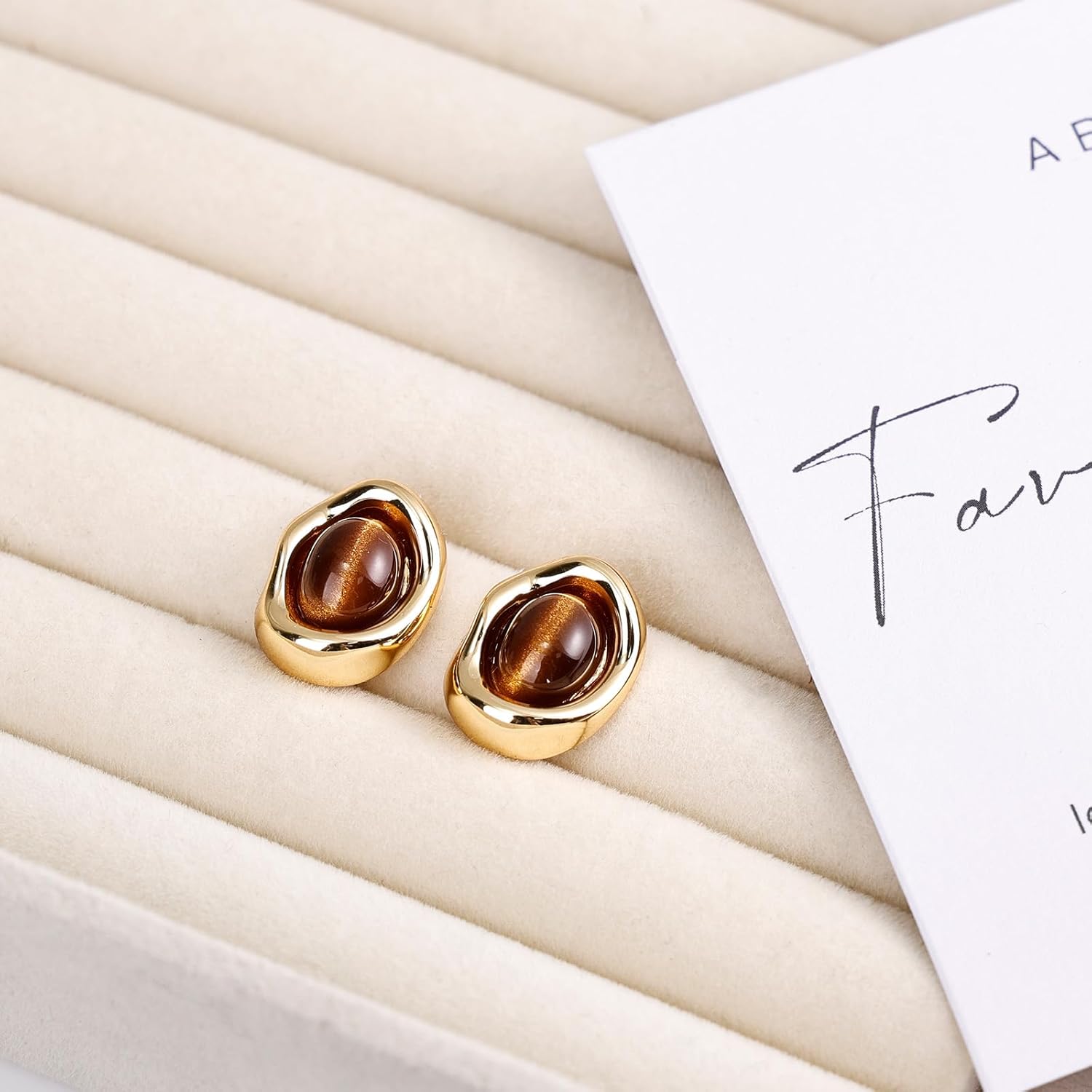 Tiger Eye Stud Earrings 14K Gold Plated Vintage Brown Gemstone Earrings with Oval Tiger Eye Jewelry in Irregular Circular Frame for Women - Image 4