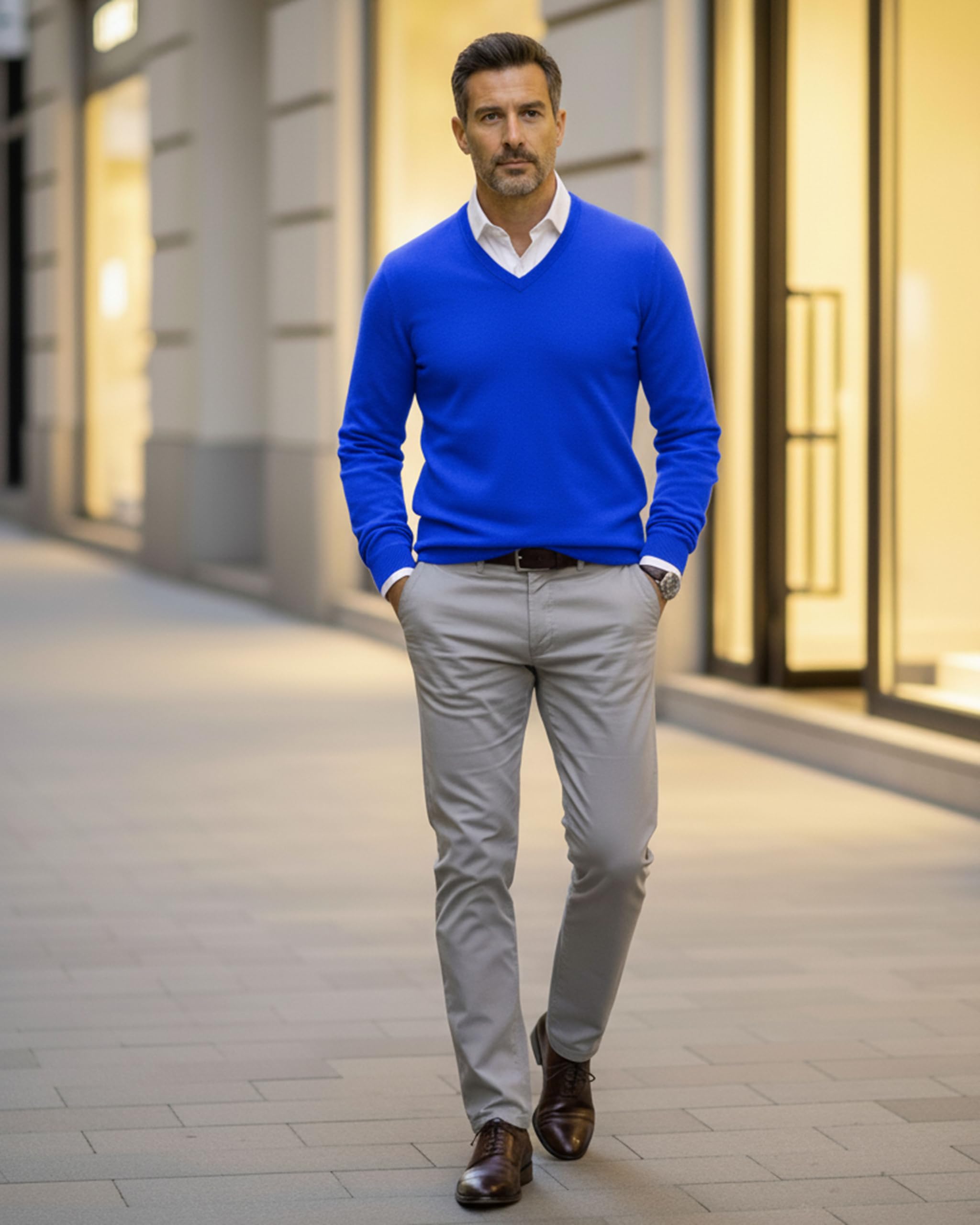 Maglione Scollo a V 30% Cashmere 70% Lana Pullover a Manica Lunga Caldo e Morbido Moda Uomo Stile Classico Finezza 12 Lavorazione a Coste sui Polsi Fondo e Collo