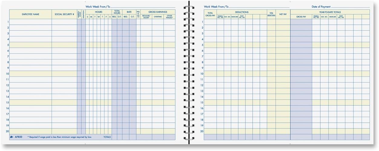 Adams Weekly Payroll Record, 20 Employee Capacity, Spiral Binding, 11 x 8.5 Inches, White, (AFR50)