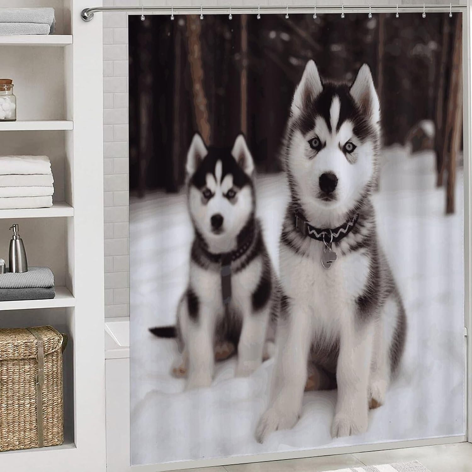 Shower Curtain Sets 4 Pcs Adorable Huskies Bathroom Sets with Toilet Lid Cover and Non-Slip Rugs and Bath Mat Shower Curtain for Bathroom Decor Bath Accessories for Tub image 5