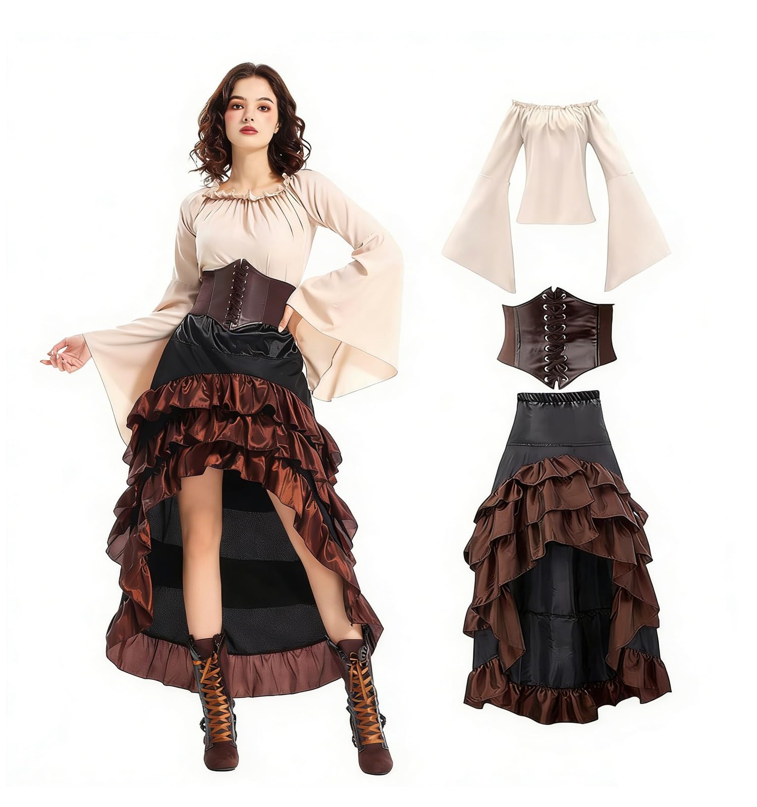 Walwoak Pirate Costume Dress Women Western Style Skirt Adult Victorian Renaissance Dress Steampunk Costume Set