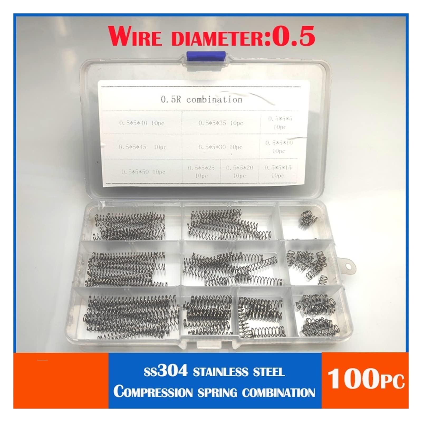100 pcs/lot 0.5 MM métal Acier Assorti avec boîte de Rangement Accessoires Extension et Bobine de Compression Portable matériel Outil Ressort Leisurely (Size : 0.5 J Combination)