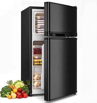 Tehanld 3.55 Cu.Ft Refrigerator with Freezer for Bedroom Dorm, Black | Double Door Mini Refrigerator with 7 Temperature Settings and Low Noise Operation for Office and Apartment Use
