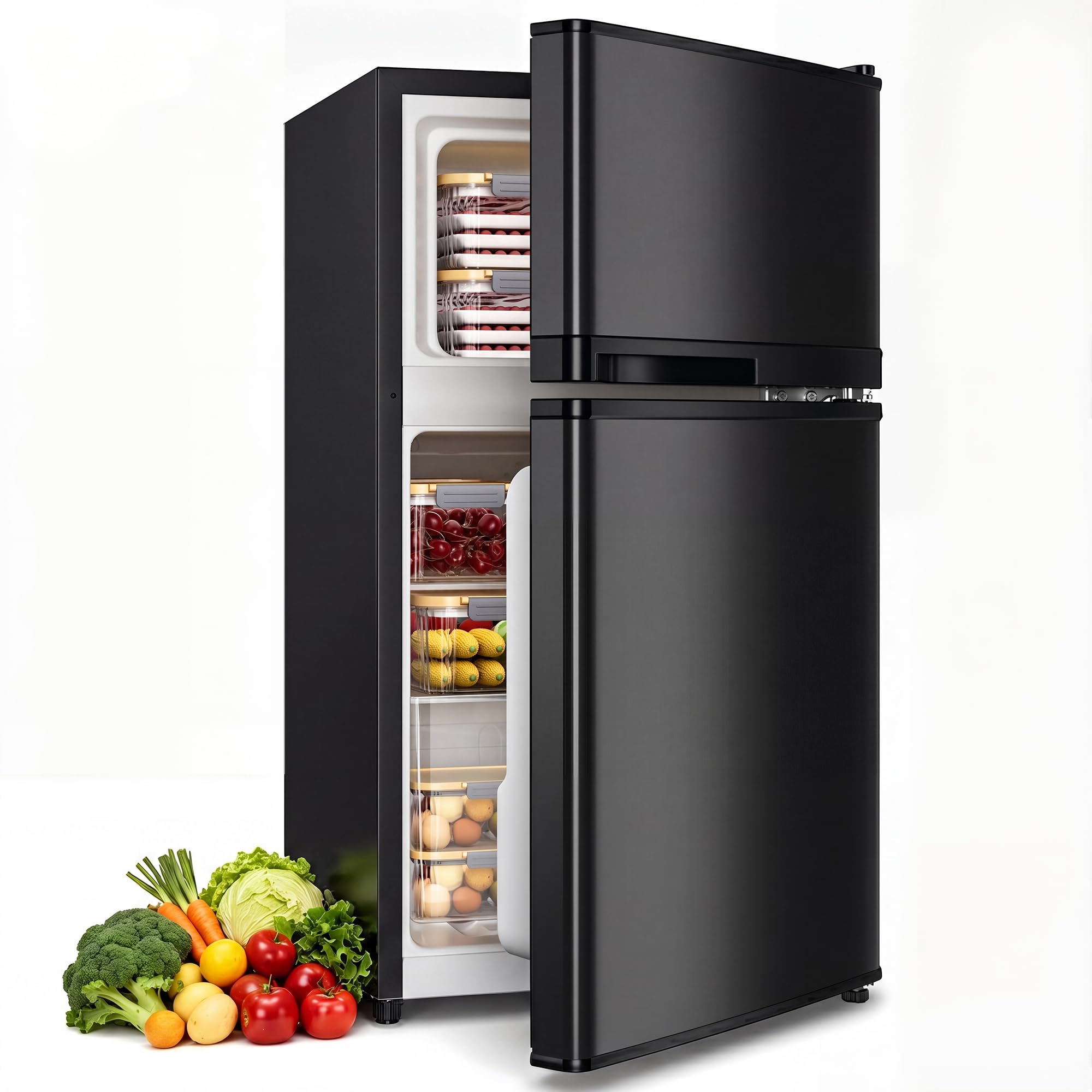 Tehanld 3.55 Cu.Ft Refrigerator with Freezer for Bedroom Dorm, Black | Double Door Mini Refrigerator with 7 Temperature Settings and Low Noise Operation for Office and Apartment Use